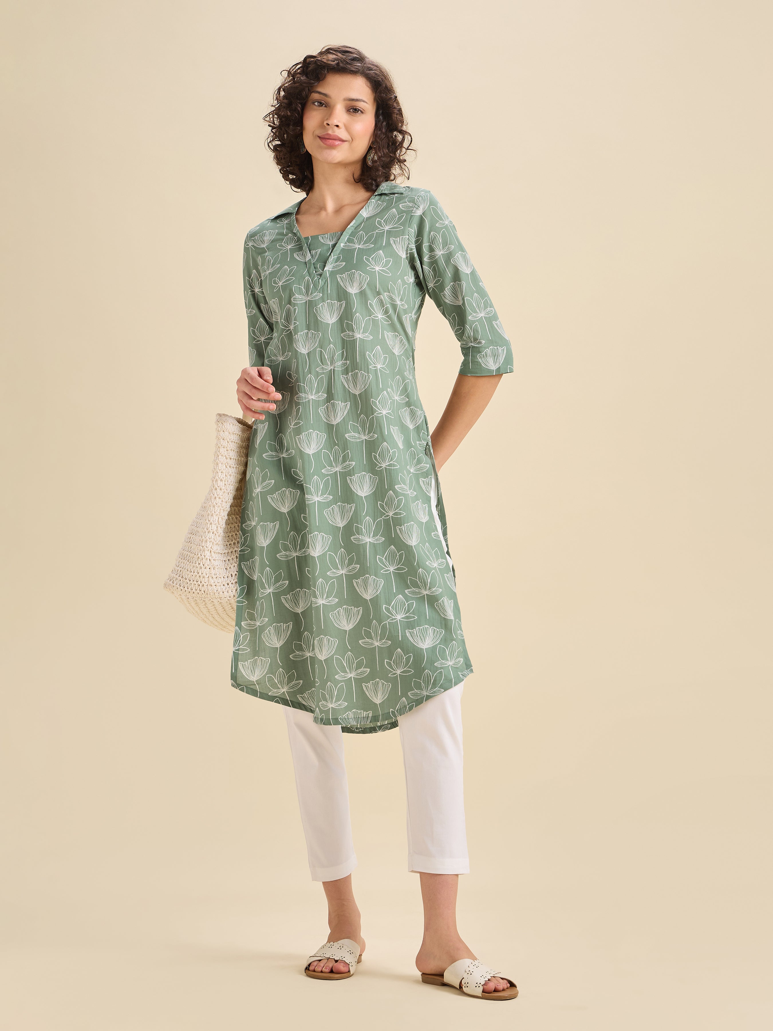 Sage Green Pure Cotton Printed Slited Kurti With Curved Hem