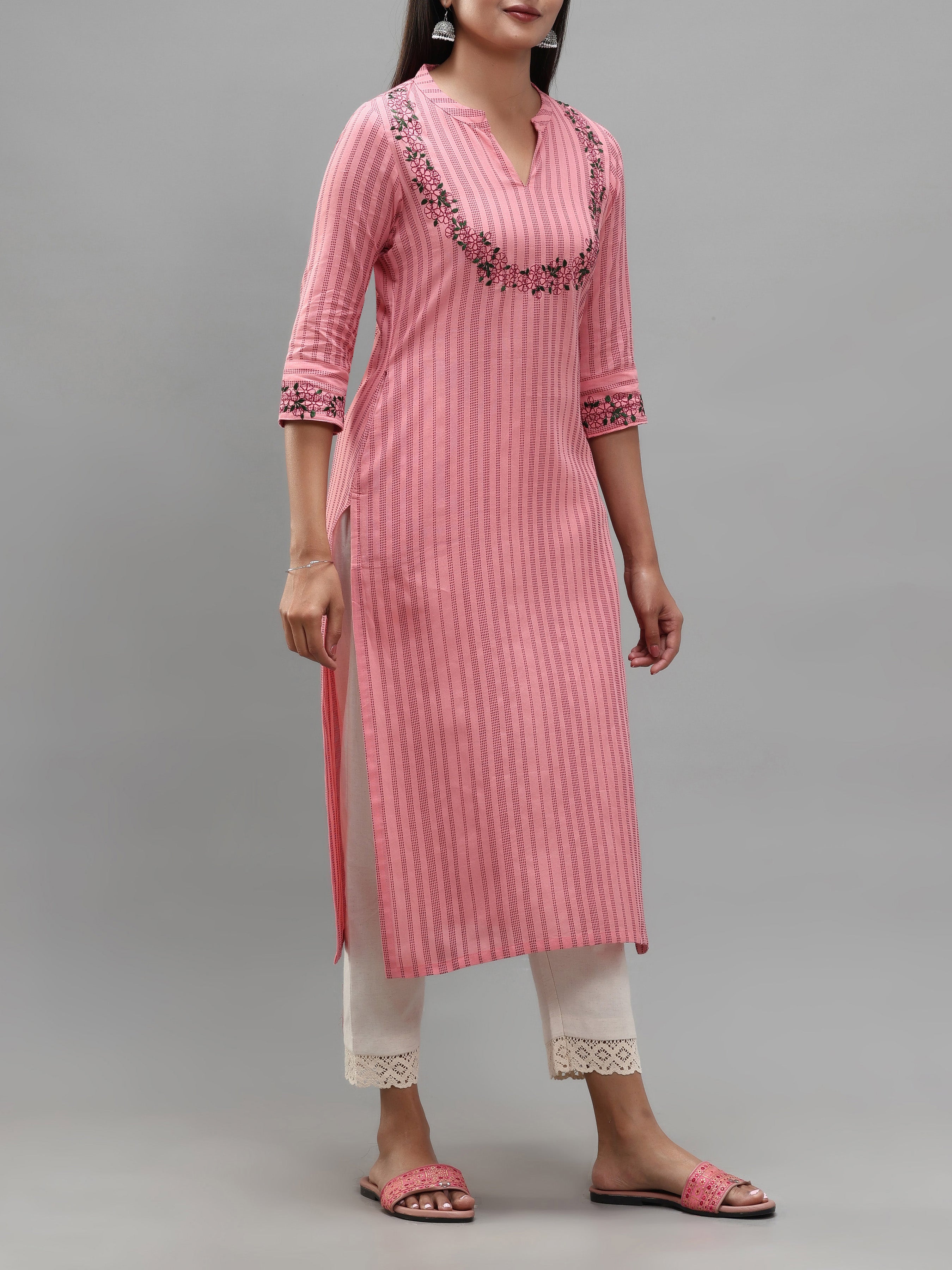 Pink Cotton Dobby Kurti With Embroidery
