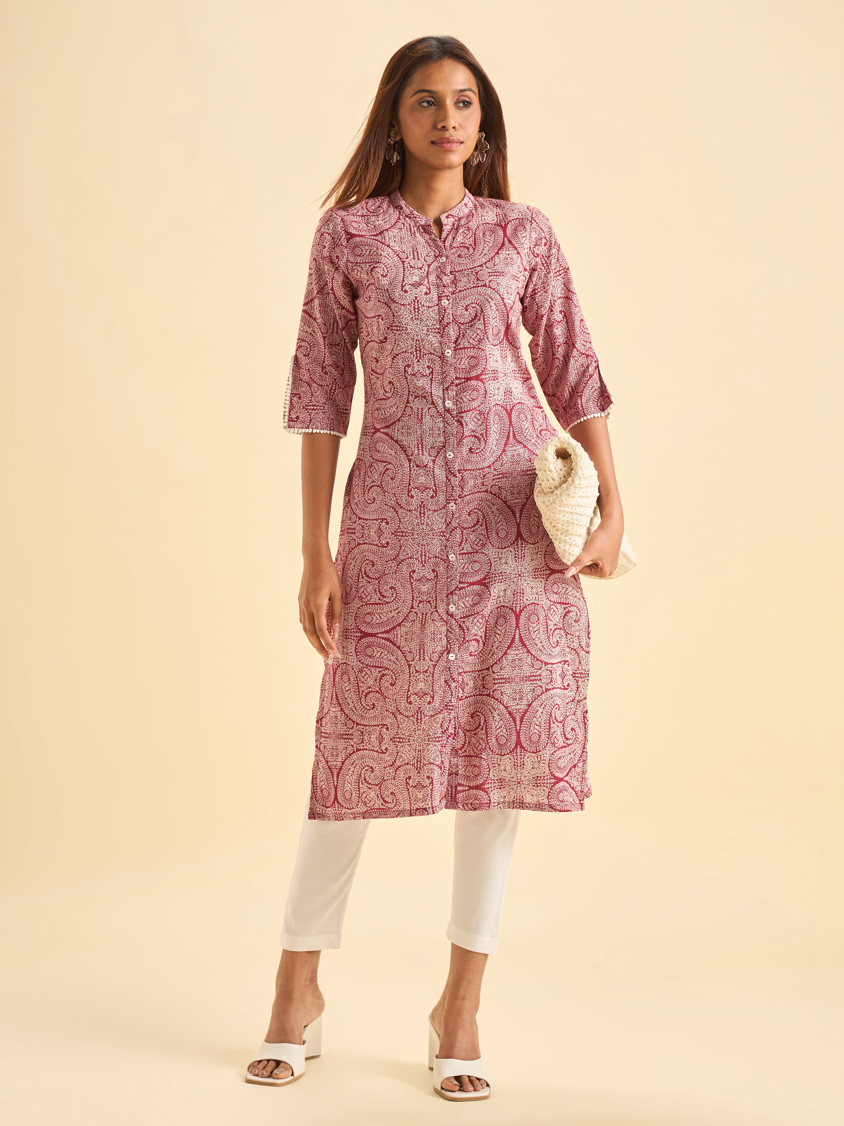 Red White Pure Cotton Printed Center Cut Kurti With Embroidery