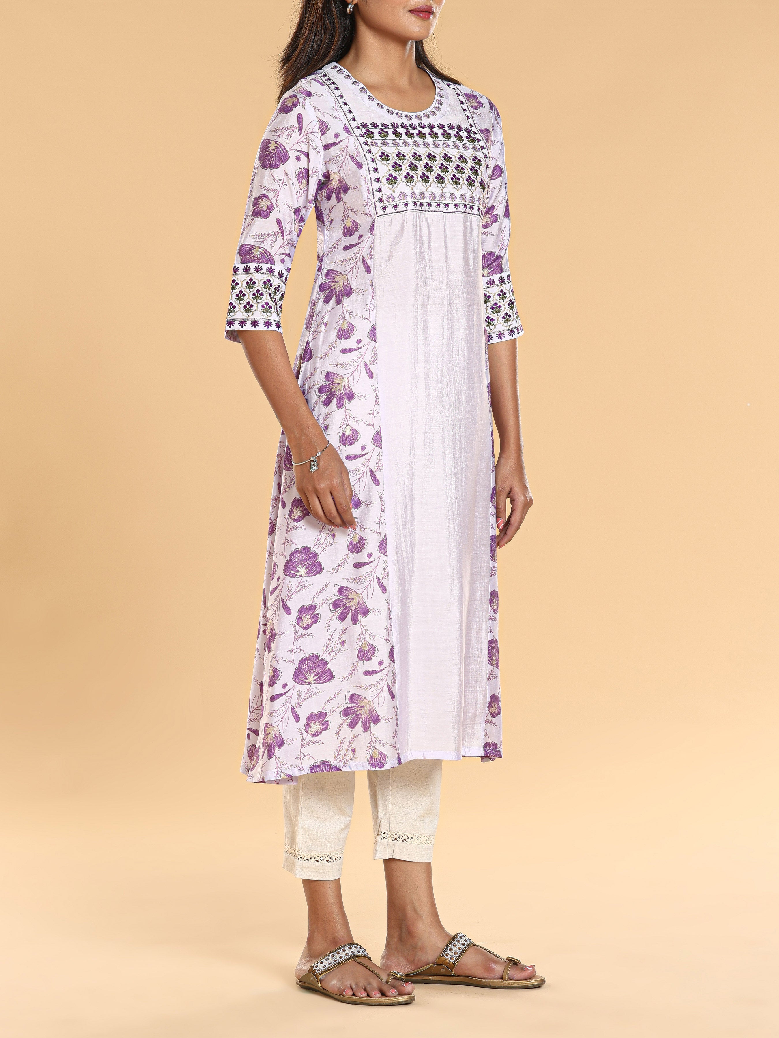 Lilac Blue Modal Chanderi Printed Kurti With Embroidery