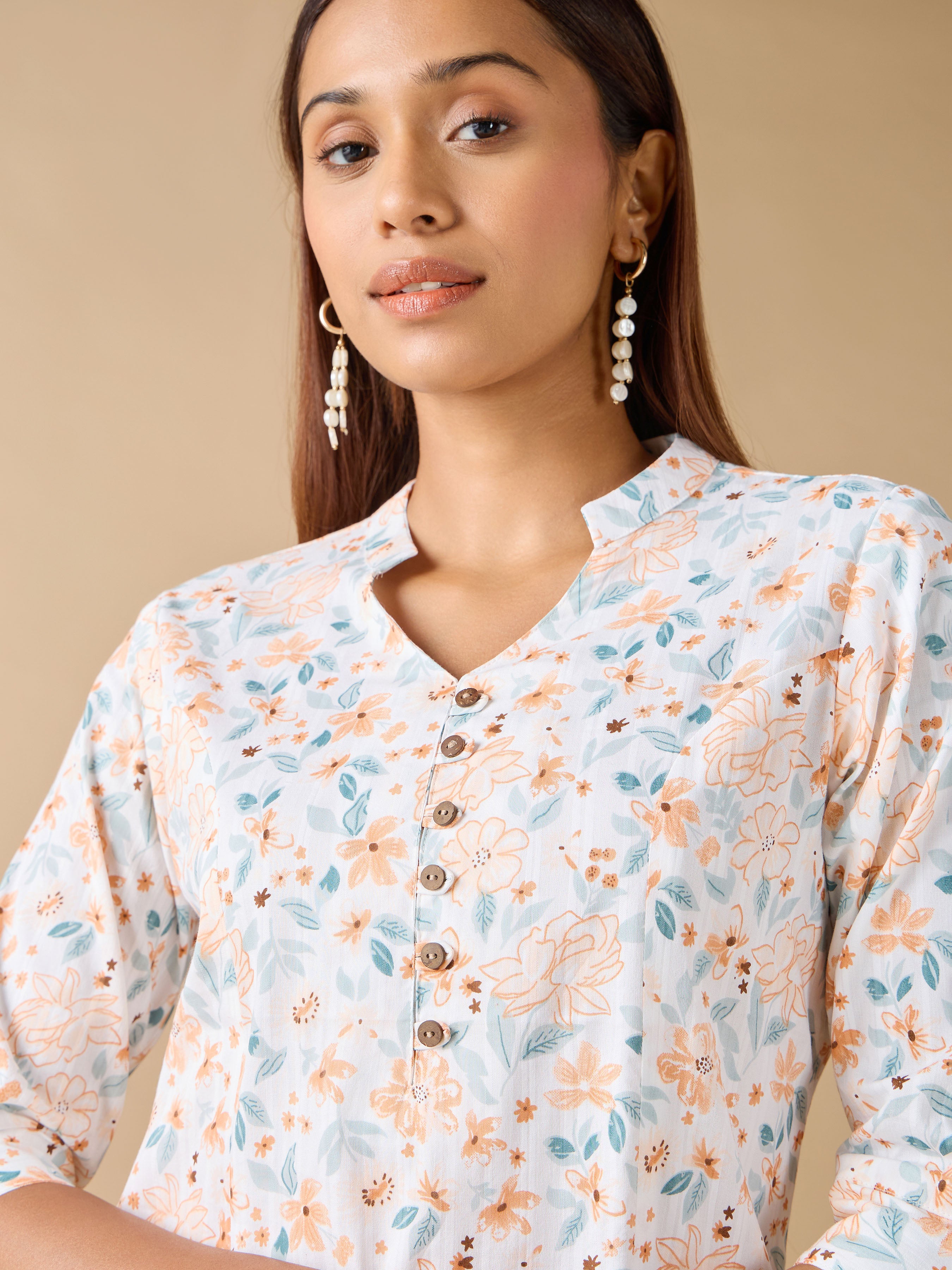 White Pure Cotton Dobby Printed Kurti With Princess Cut