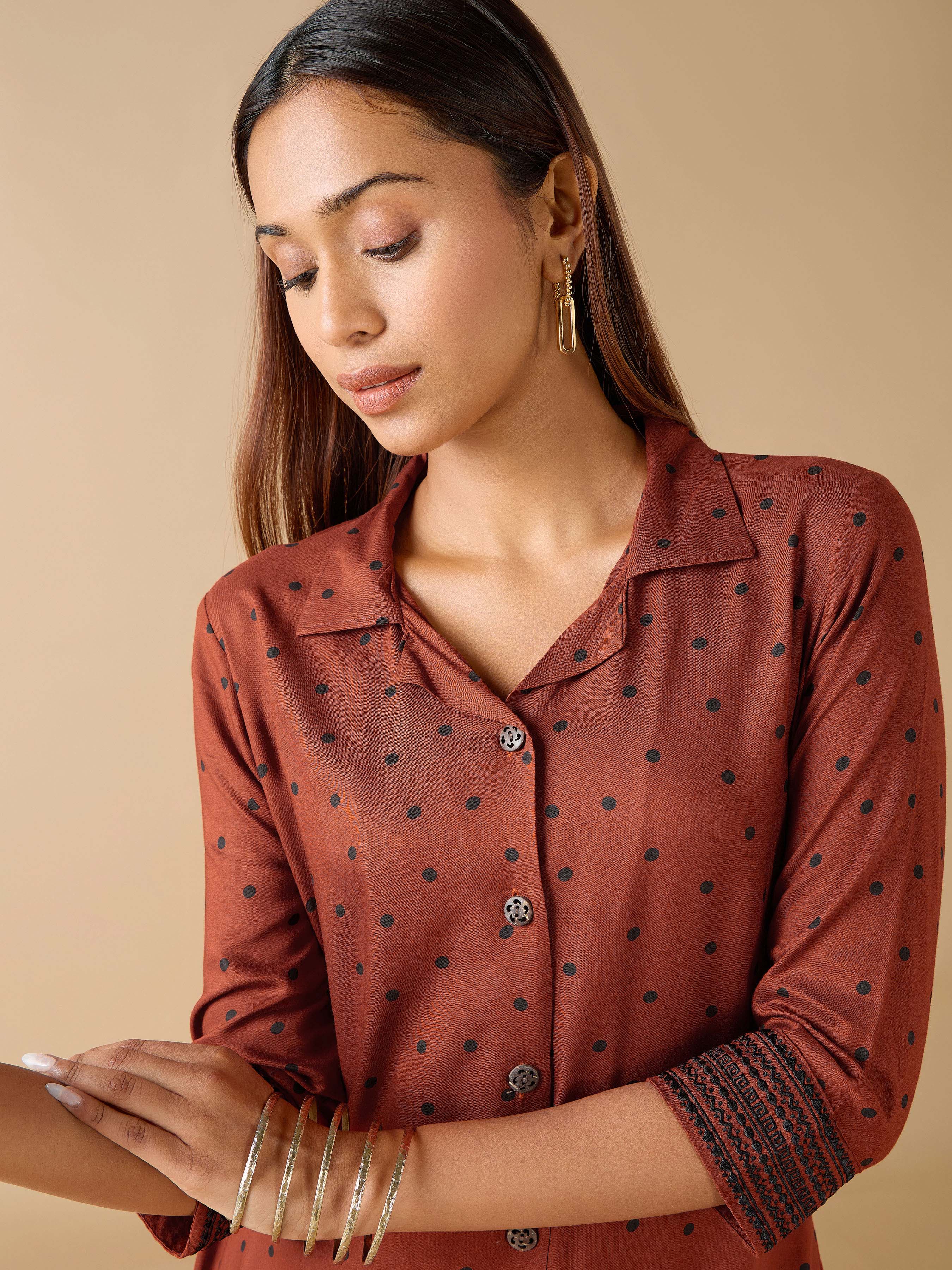 Brick red Viscose Printed Kurti With Embroidery