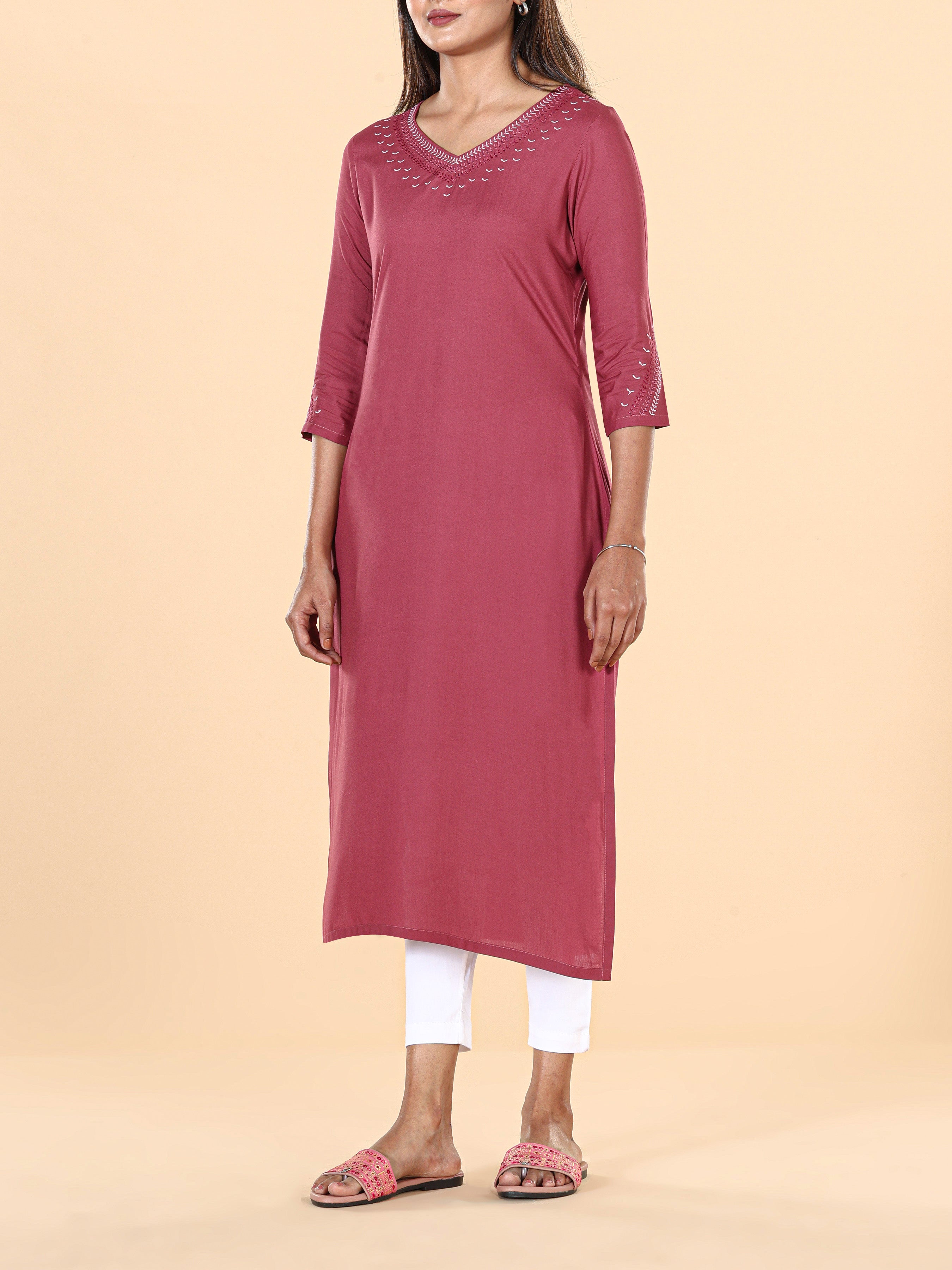 Heather Rose Viscose Kurti With Embroidery