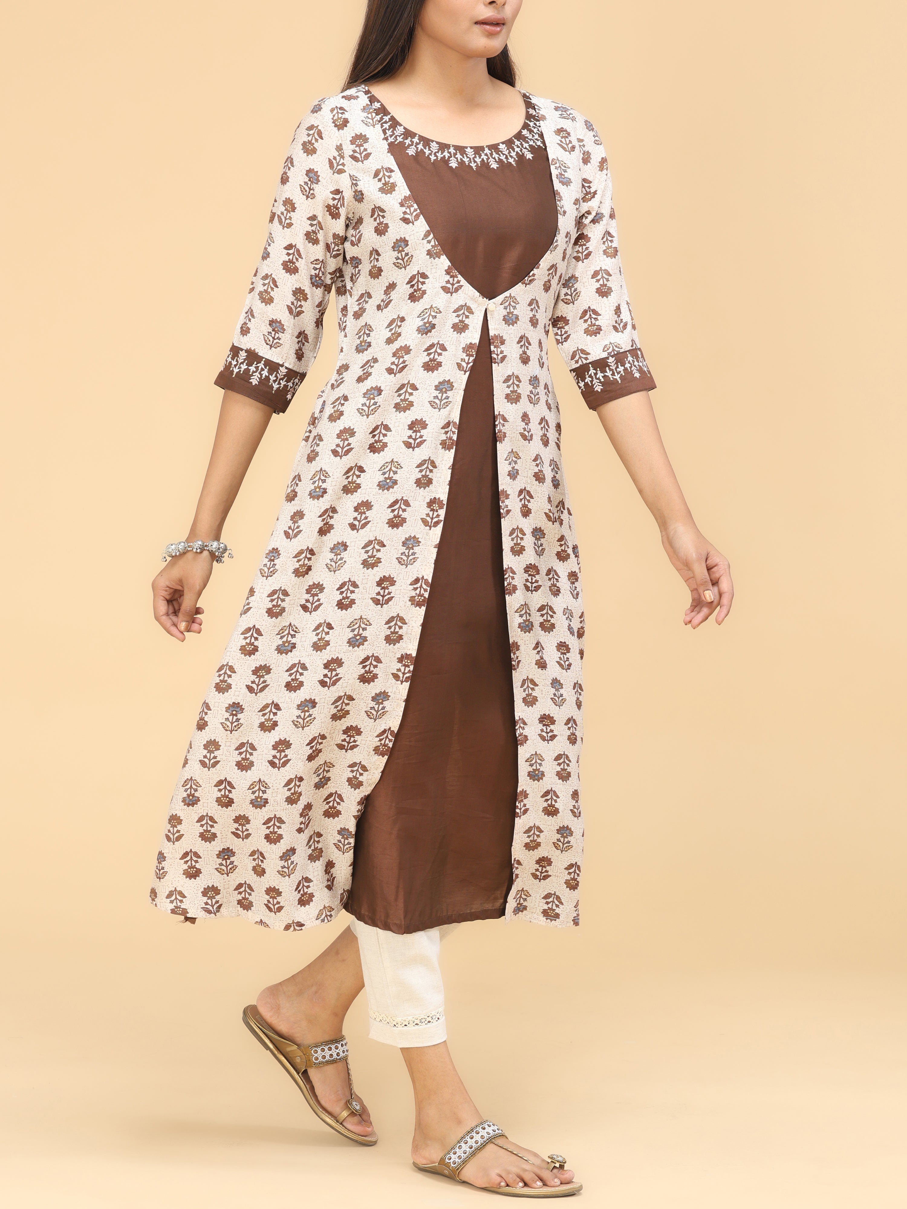 Brown Modal Chanderi Kurti With Print