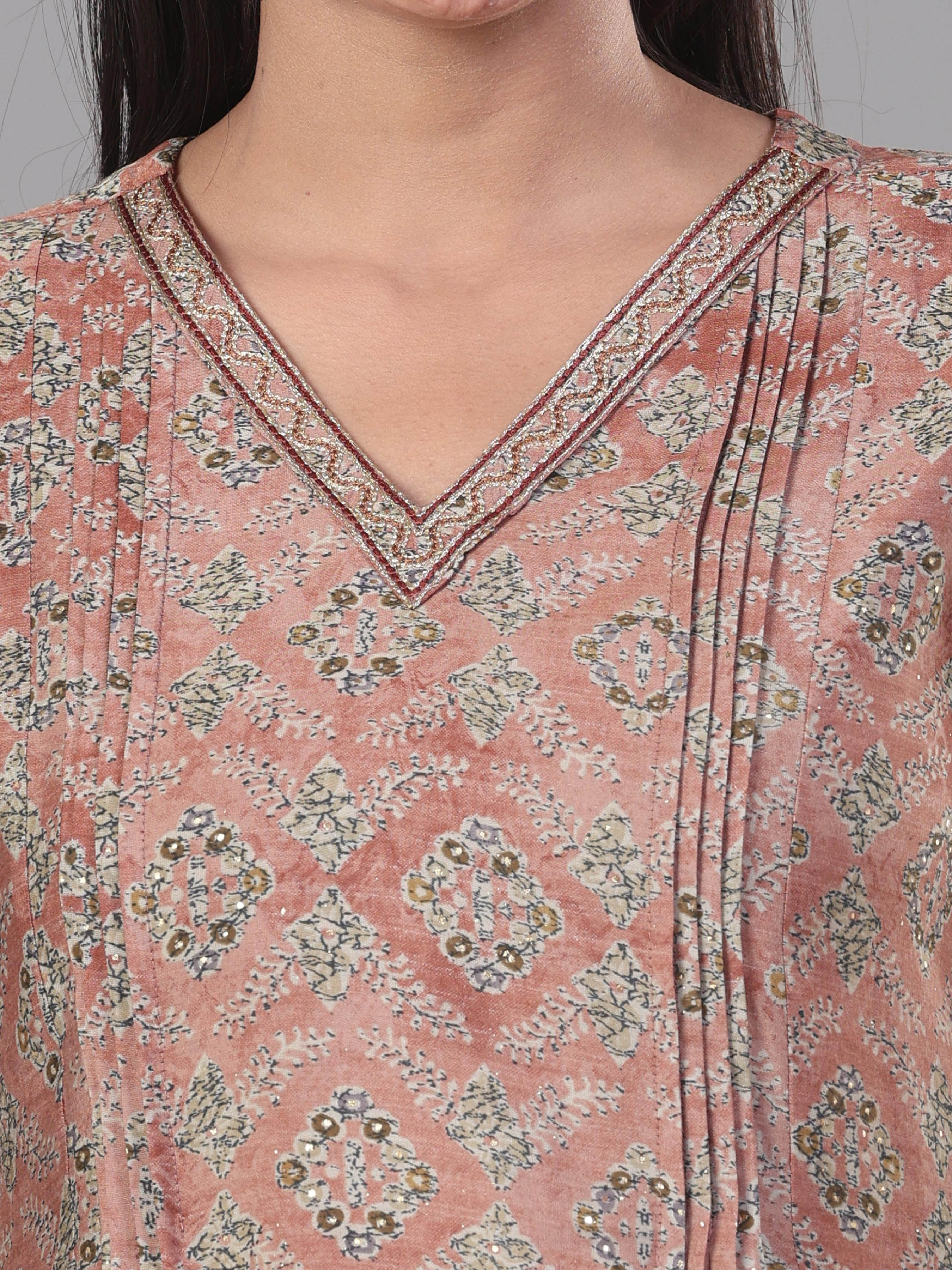 Peach Modal Chanderi Printed Kurti With Embroidery