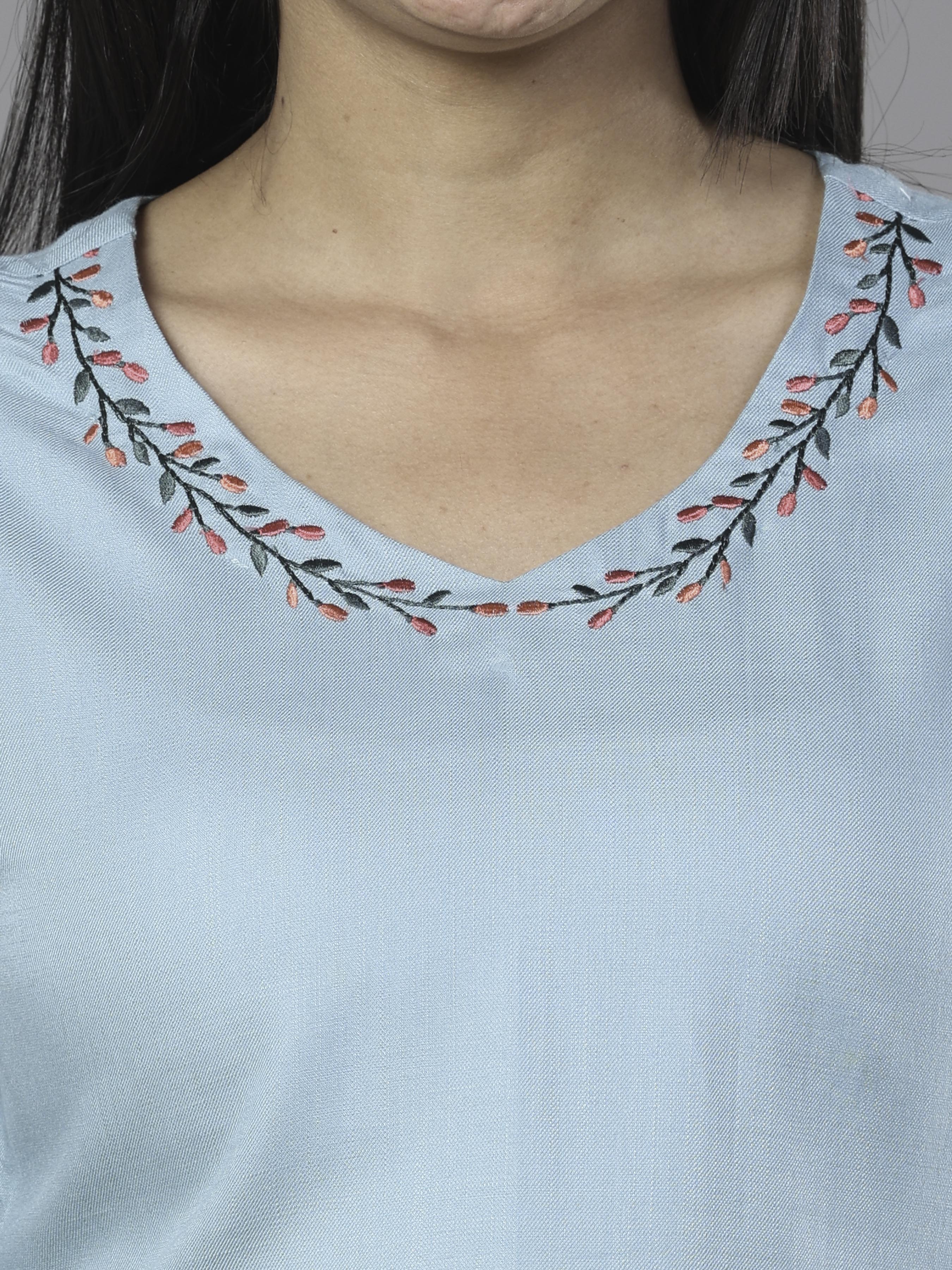 Light Blue Viscose Twill Plain Kurti With Embroidery