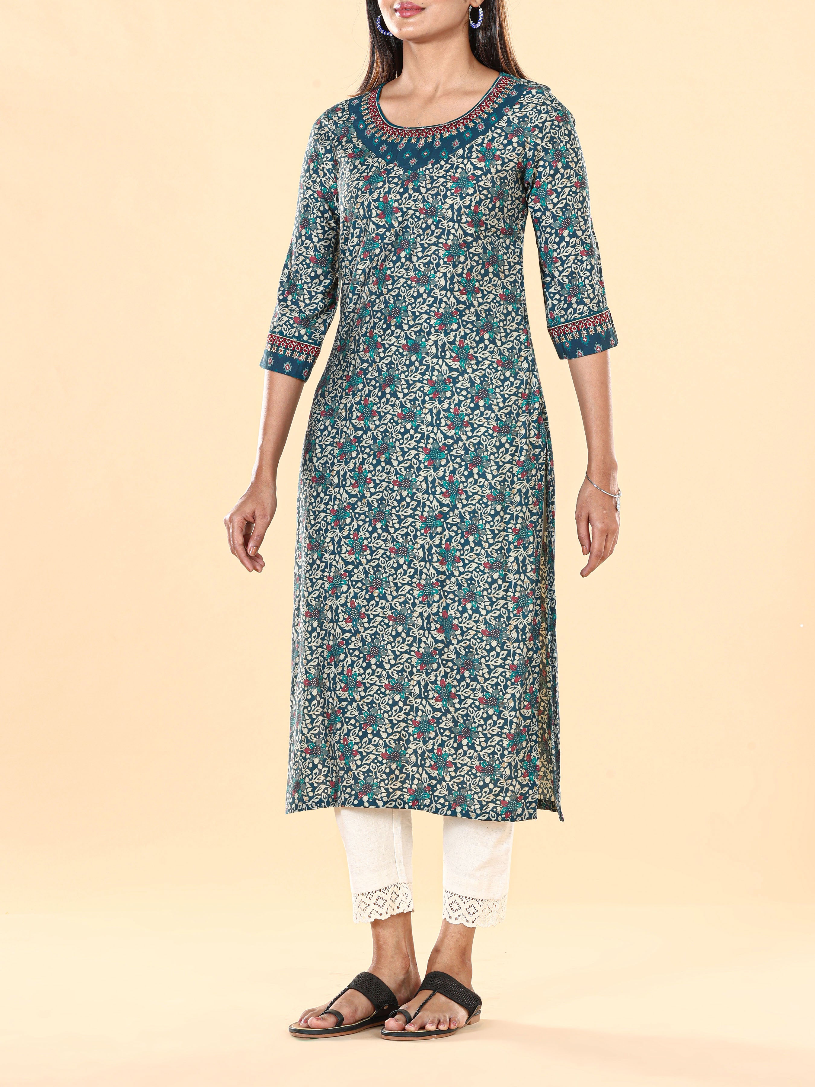 Teal Blue Modal Chanderi Printed Kurti With Embroidery