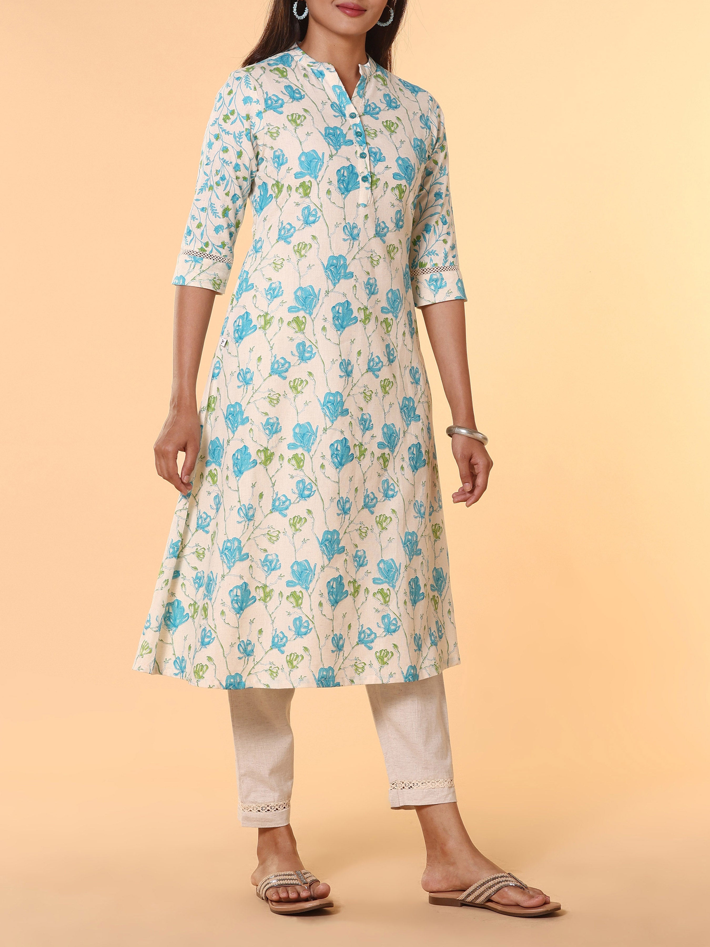 Multi Colour Cotton Flax Printed Kurti With Lace Detailing