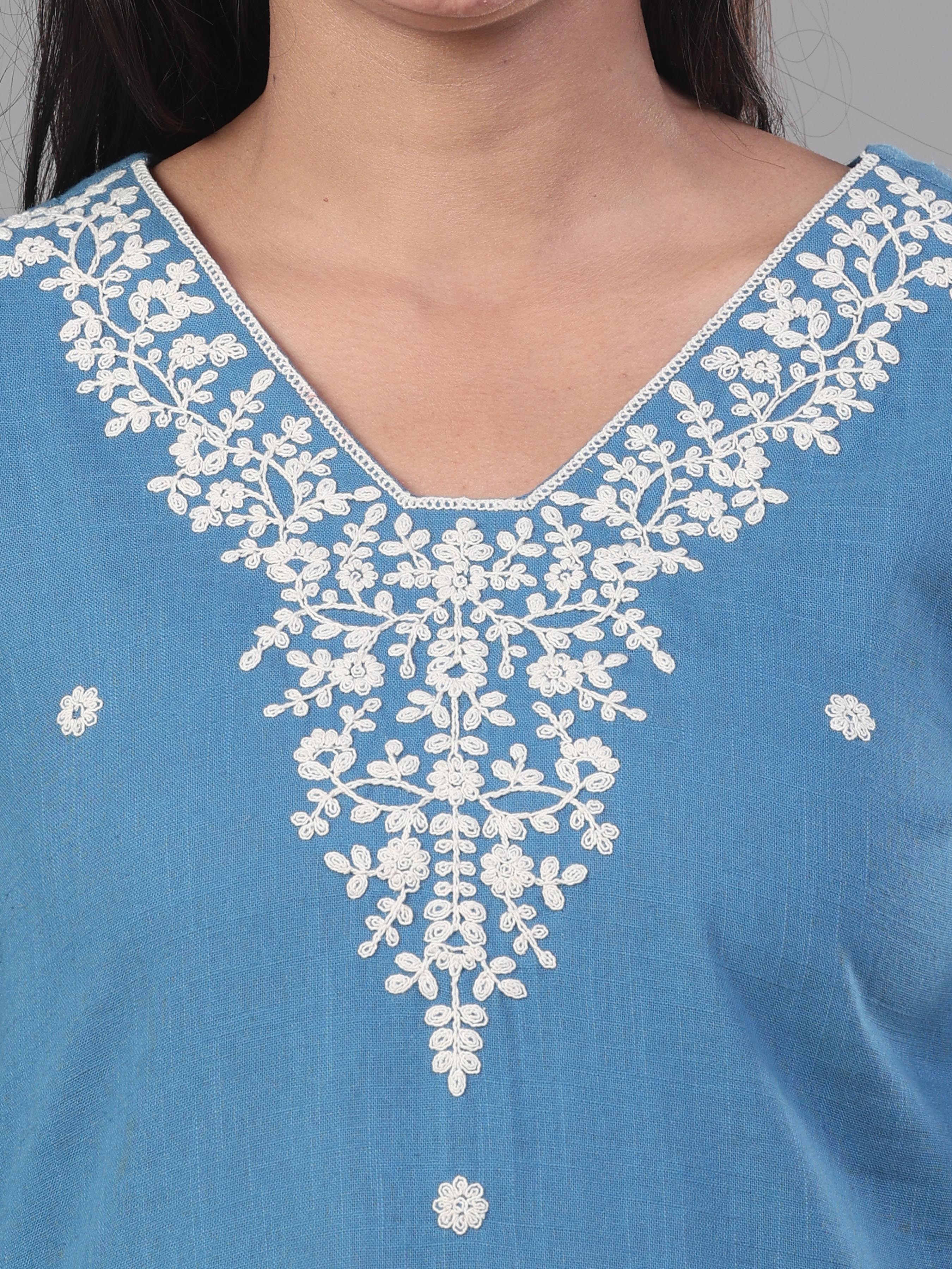 Light Blue Cotton Slub Kurti With Embroidery