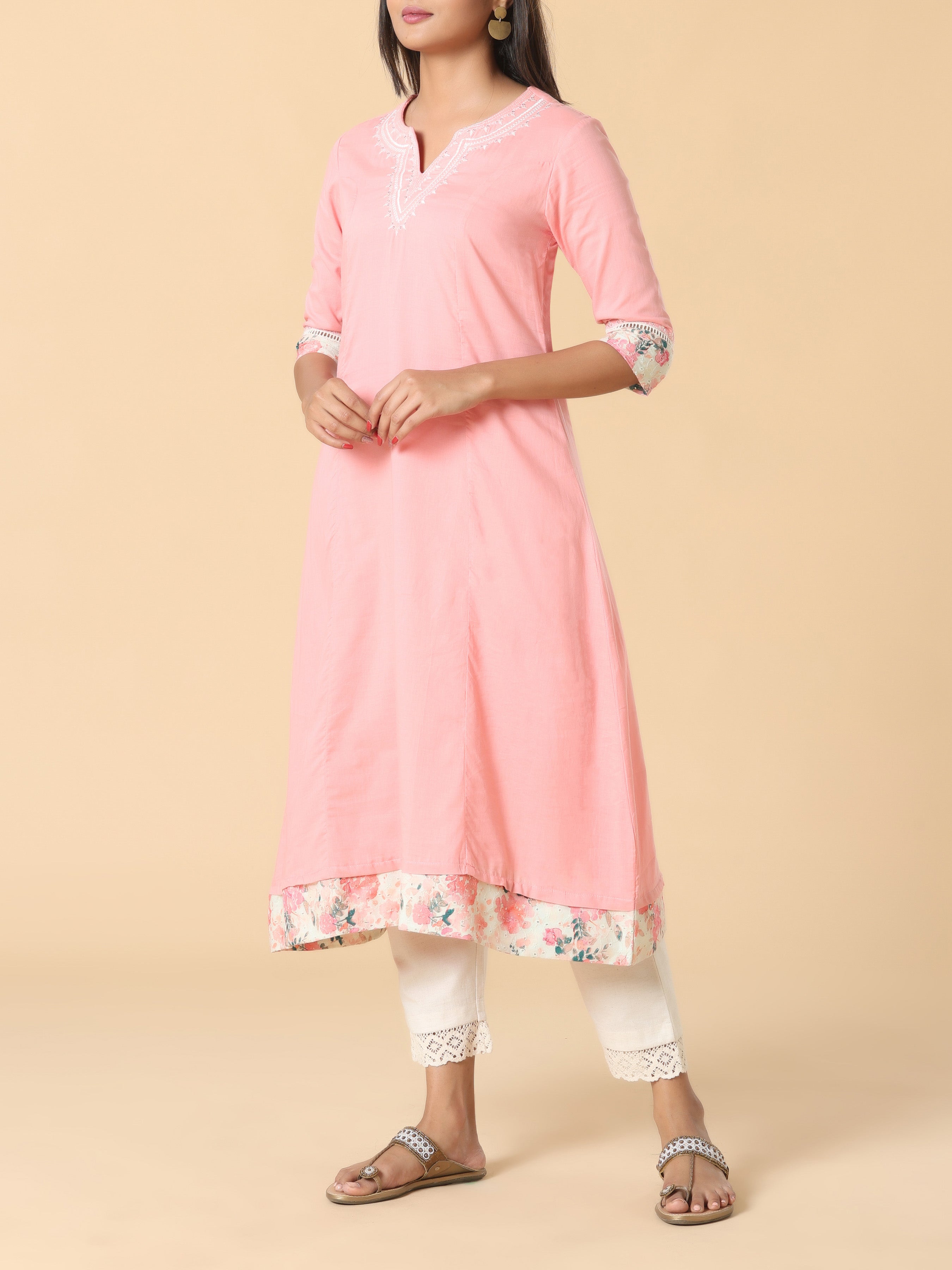 Light Pink Pure Cotton Kurti With Embroidery