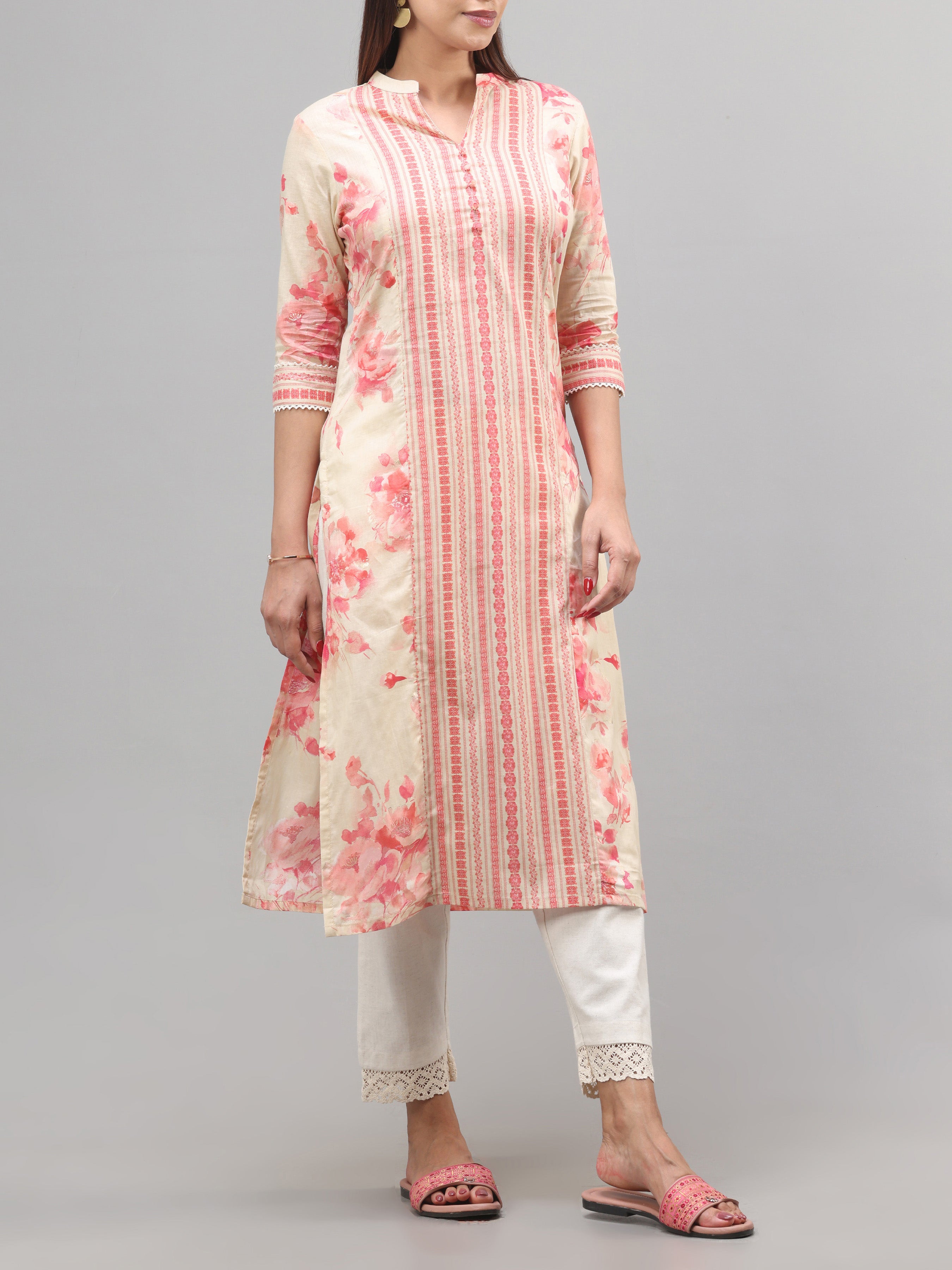 Beige And Pink Pure Cotton Printed Kurti