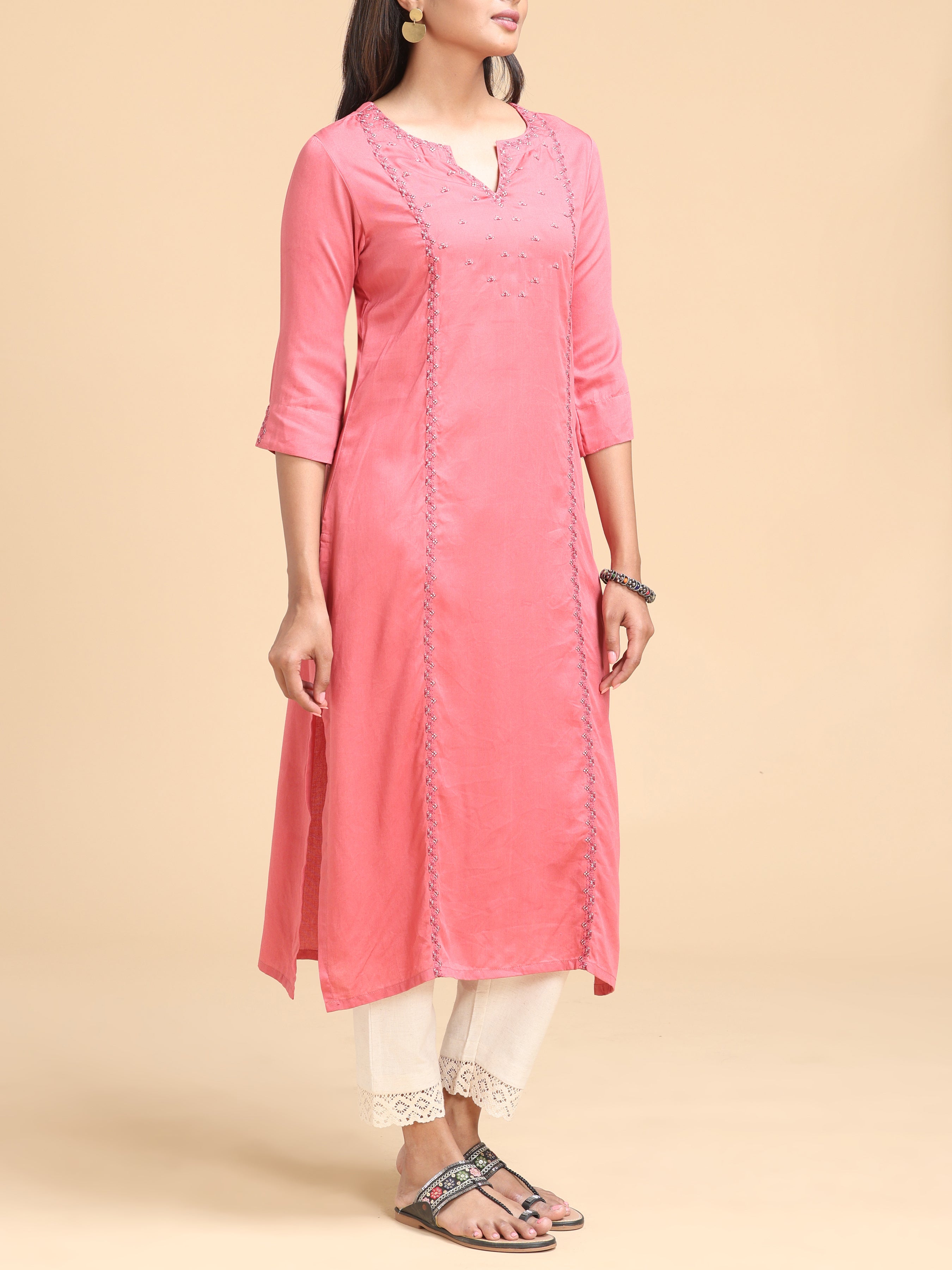 Light Pink Viscose Kurti With Embroidery