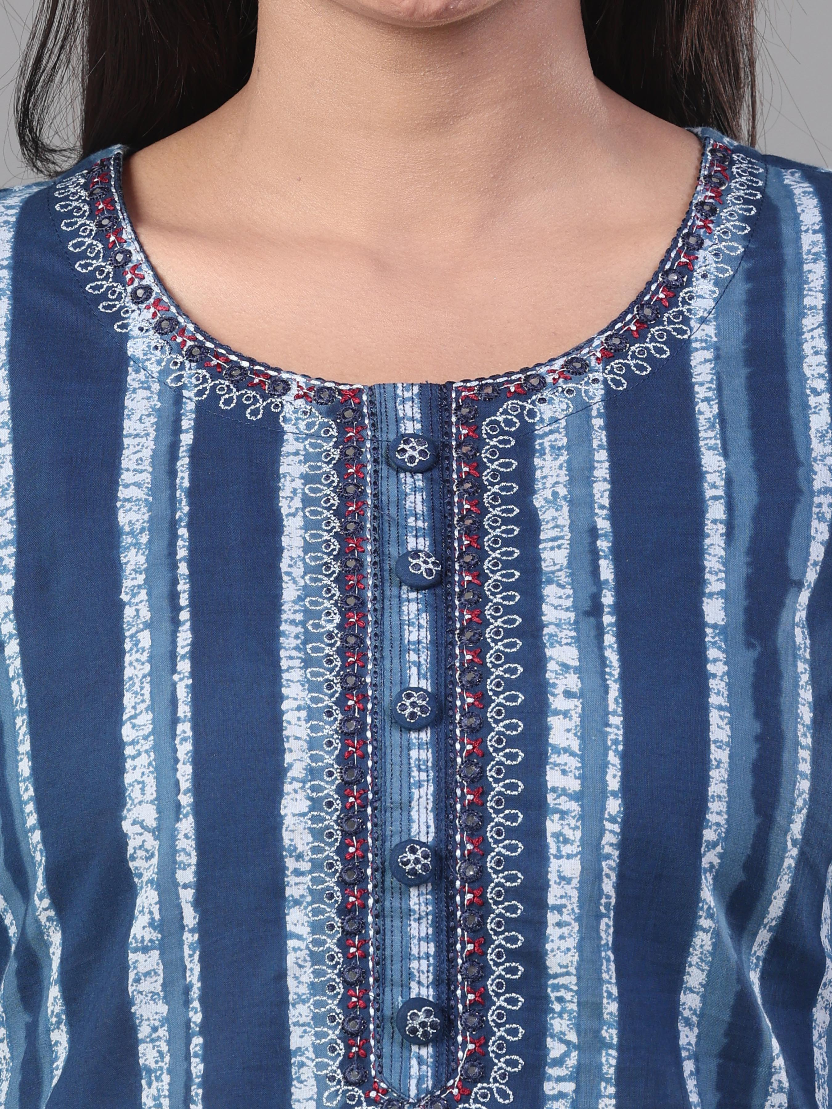 Denim Blue Pure Cotton Printed Kurti With Embroidery