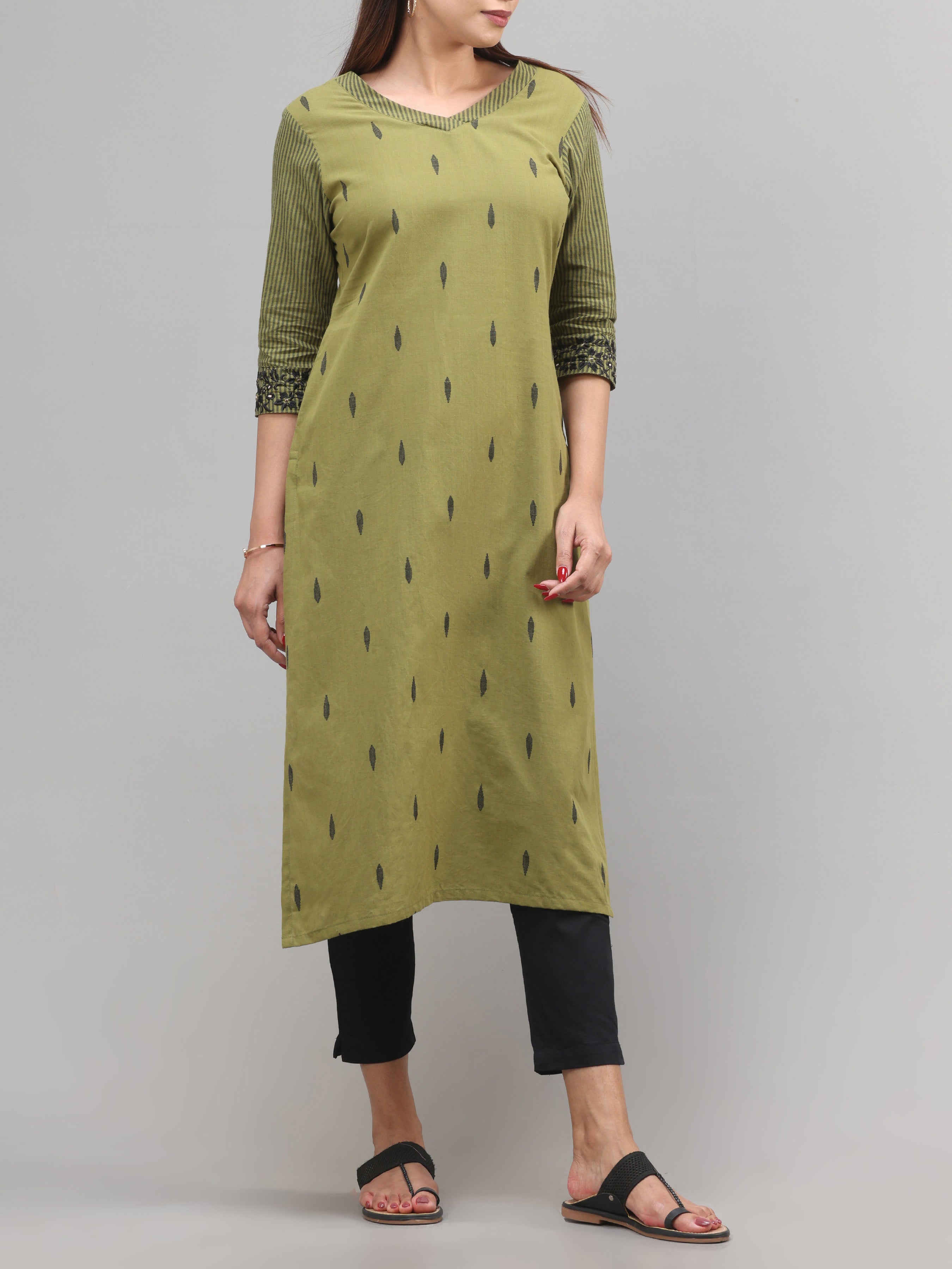 Olive Green Cotton Dobby Kurti With Print
