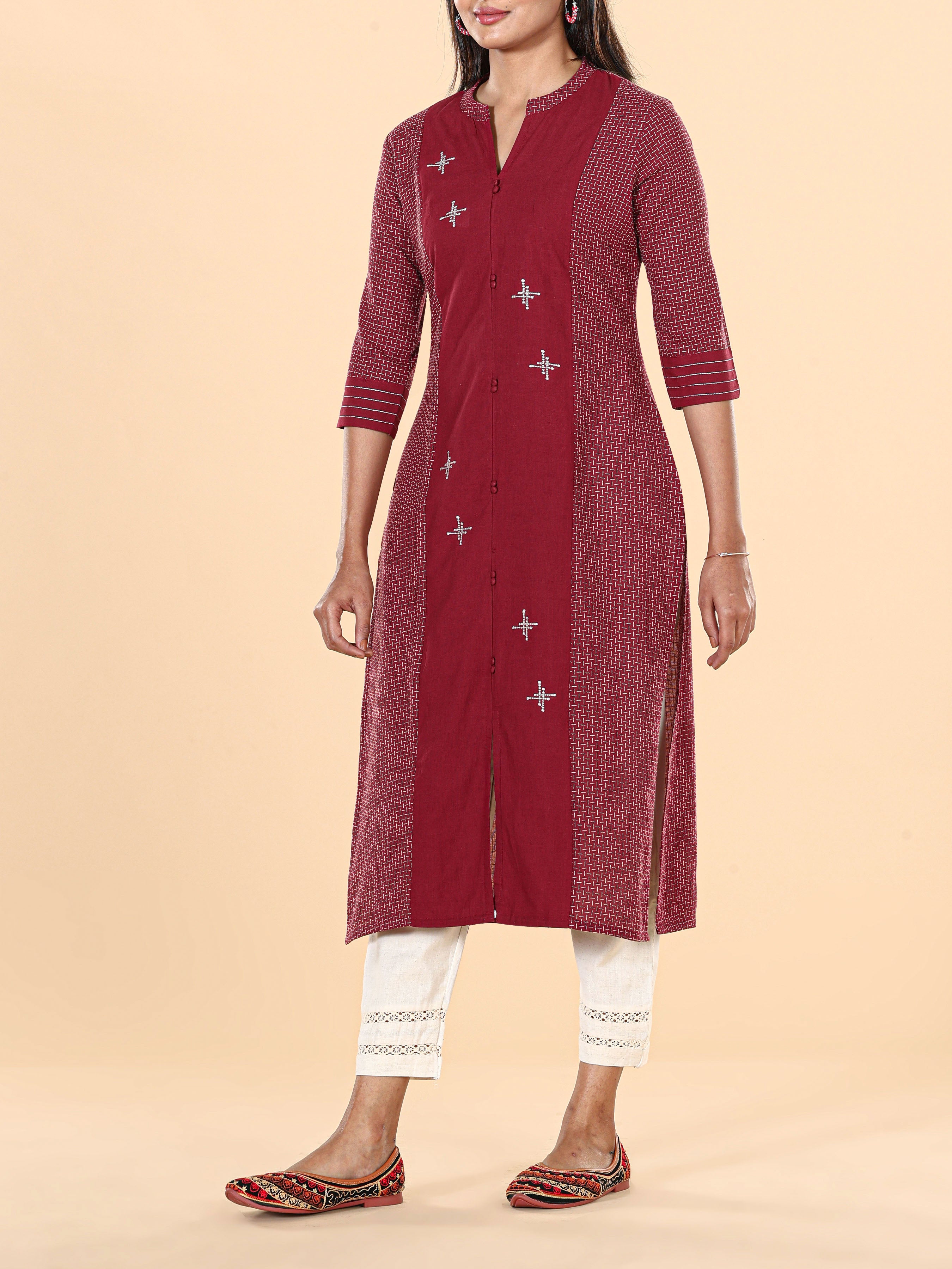 Maroon Cotton Dobby Kurti With Embroidery