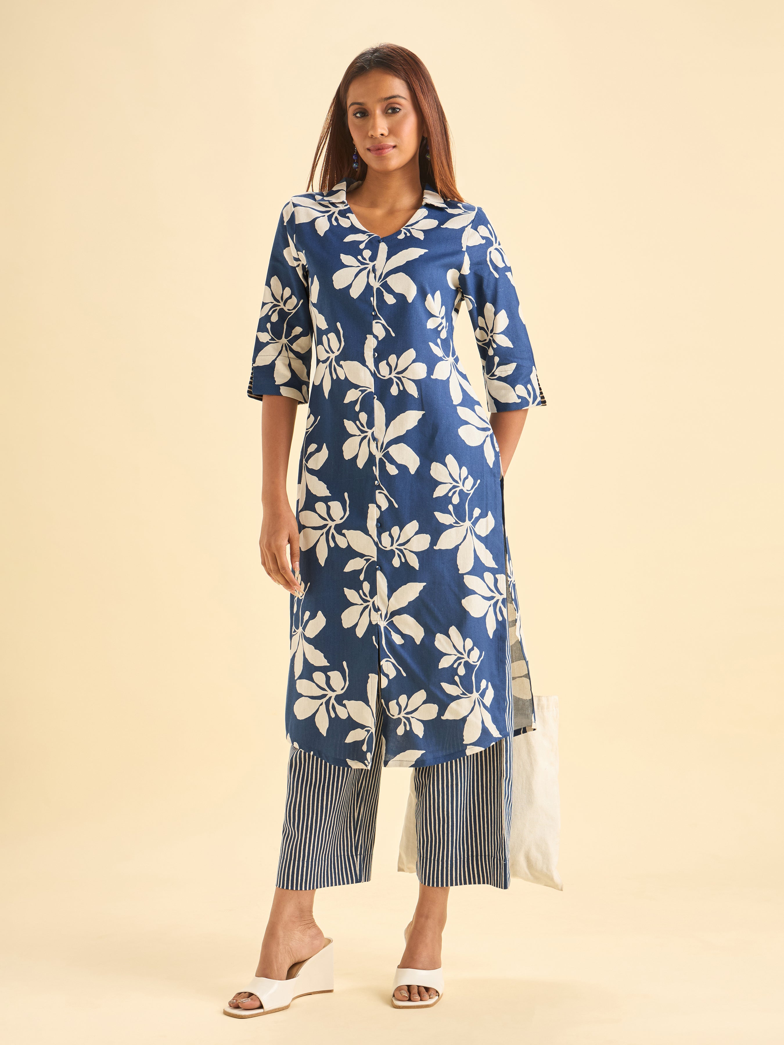 Navy Blue Cotton Flax Printed Slited Kurti Set