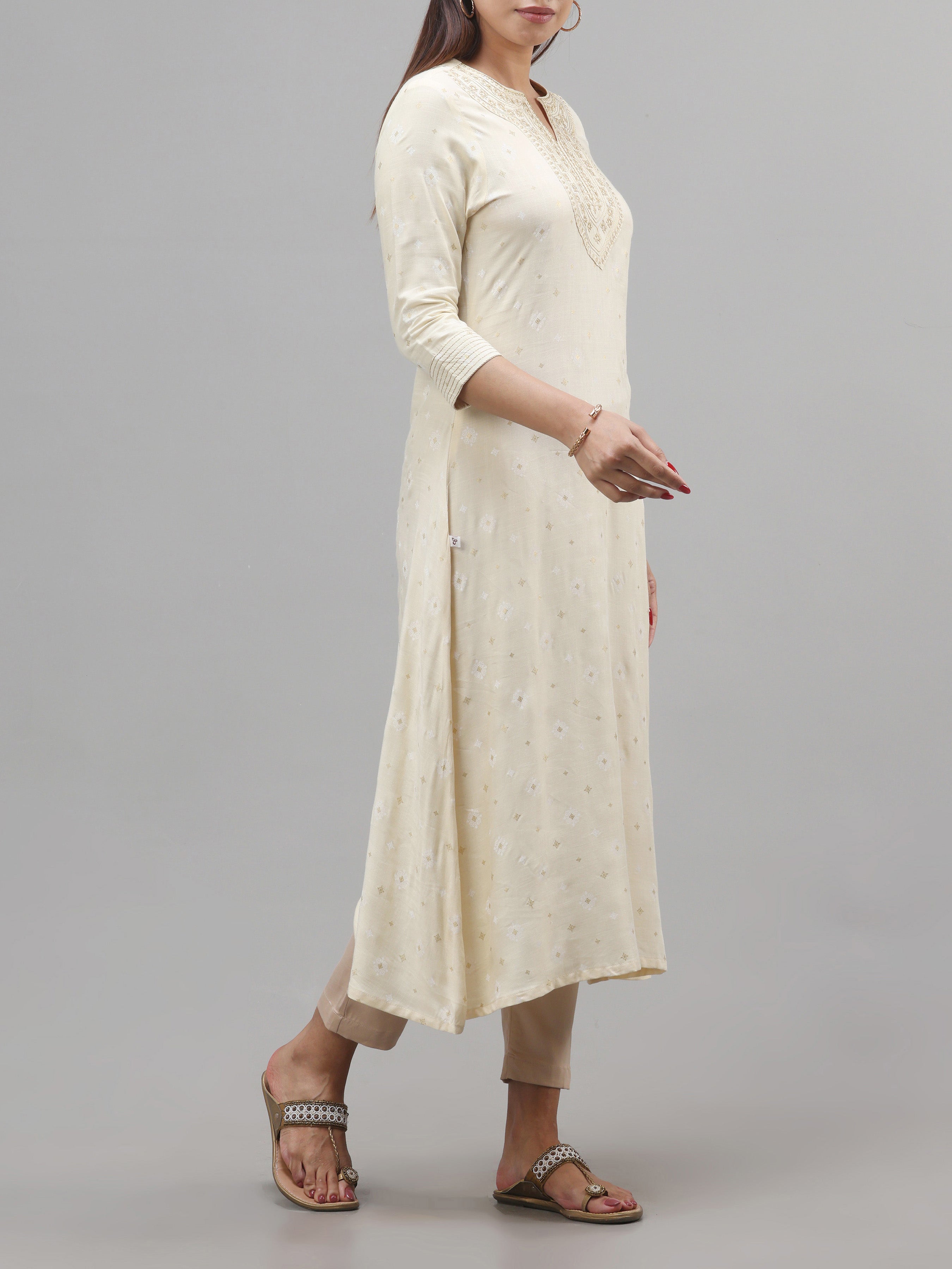 Pale Yellow Viscose Slub Kurti With Embroidery