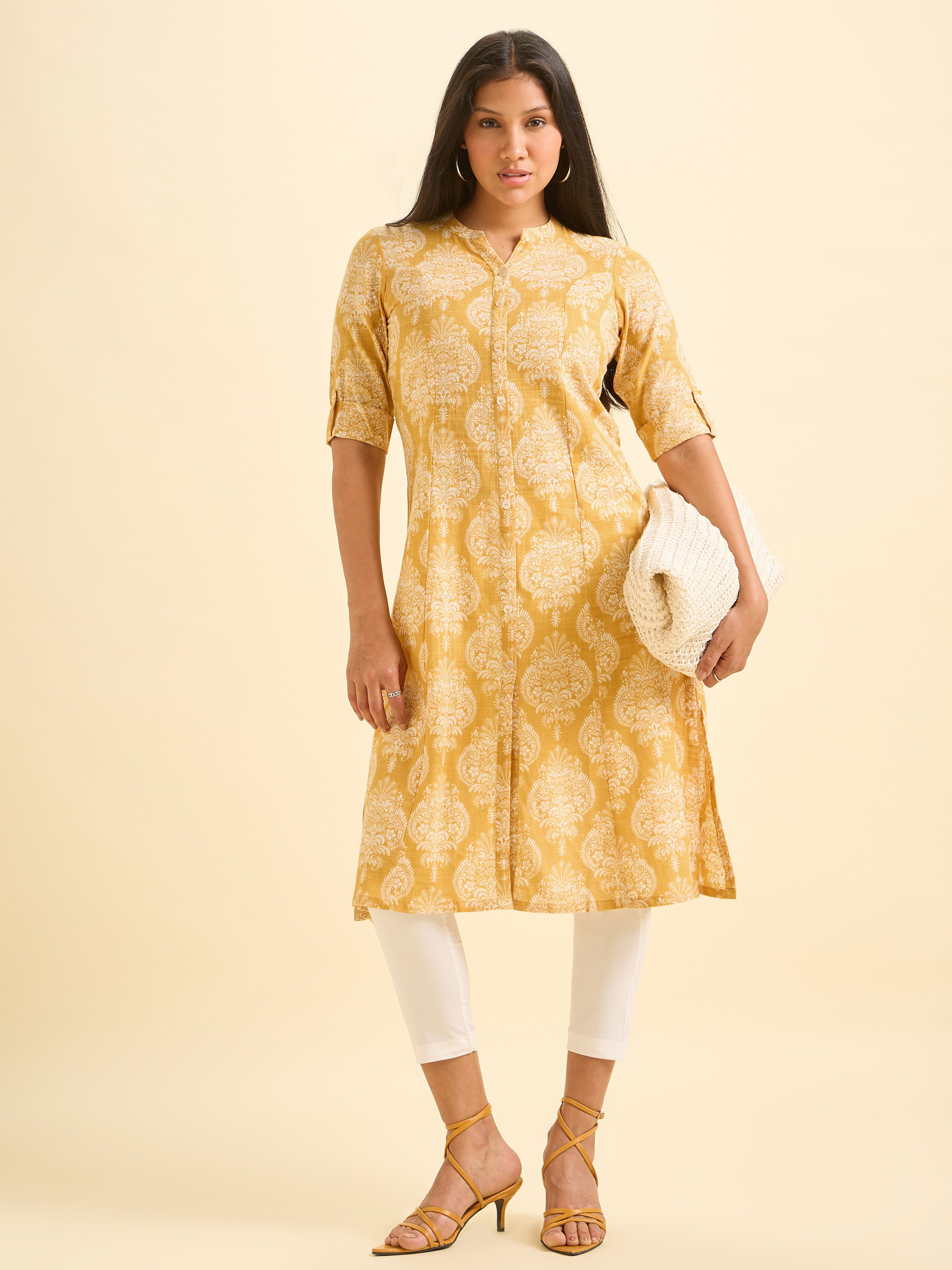 Mustard And White Cotton Slub Printed Flared Kurti With Princess Cut
