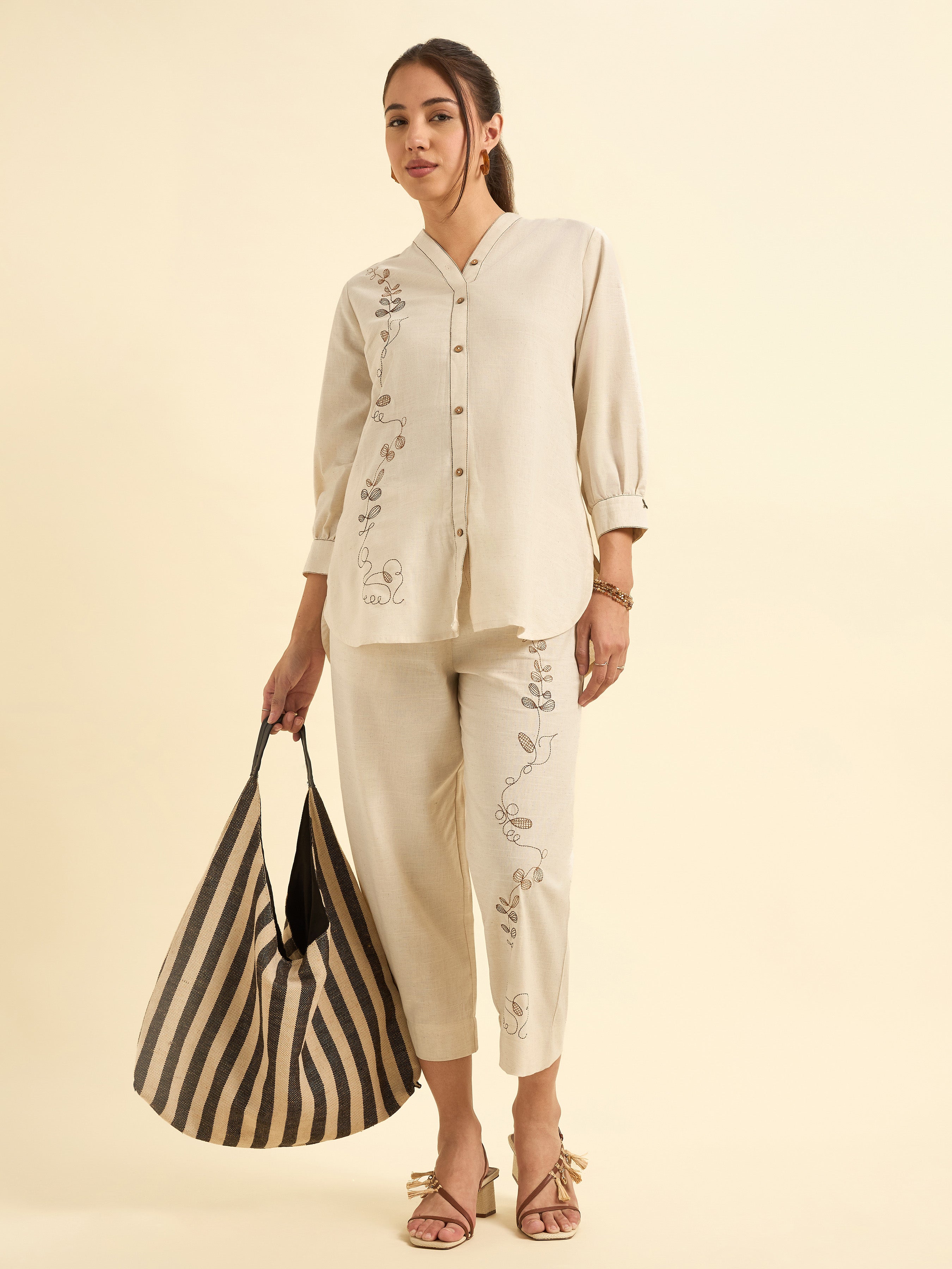Ivory Cotton Flax Slub Tunic Set With Parallel Pant And Embroidery