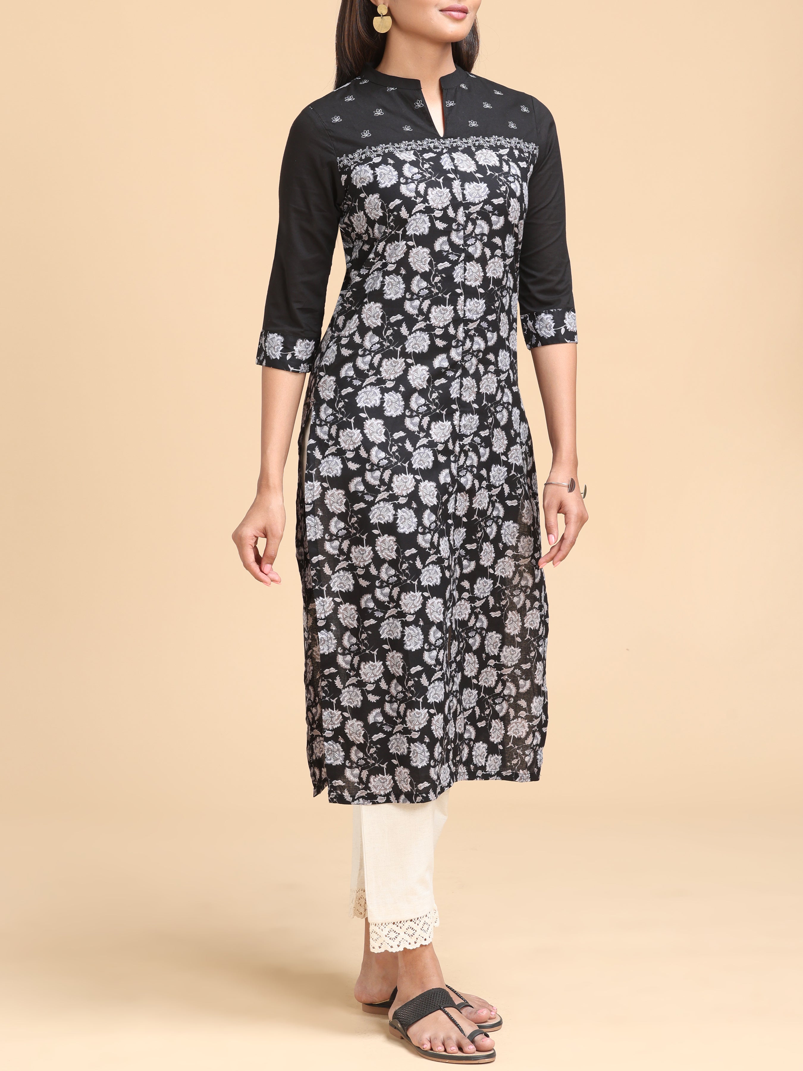 Black Pure Cotton Printed Kurti