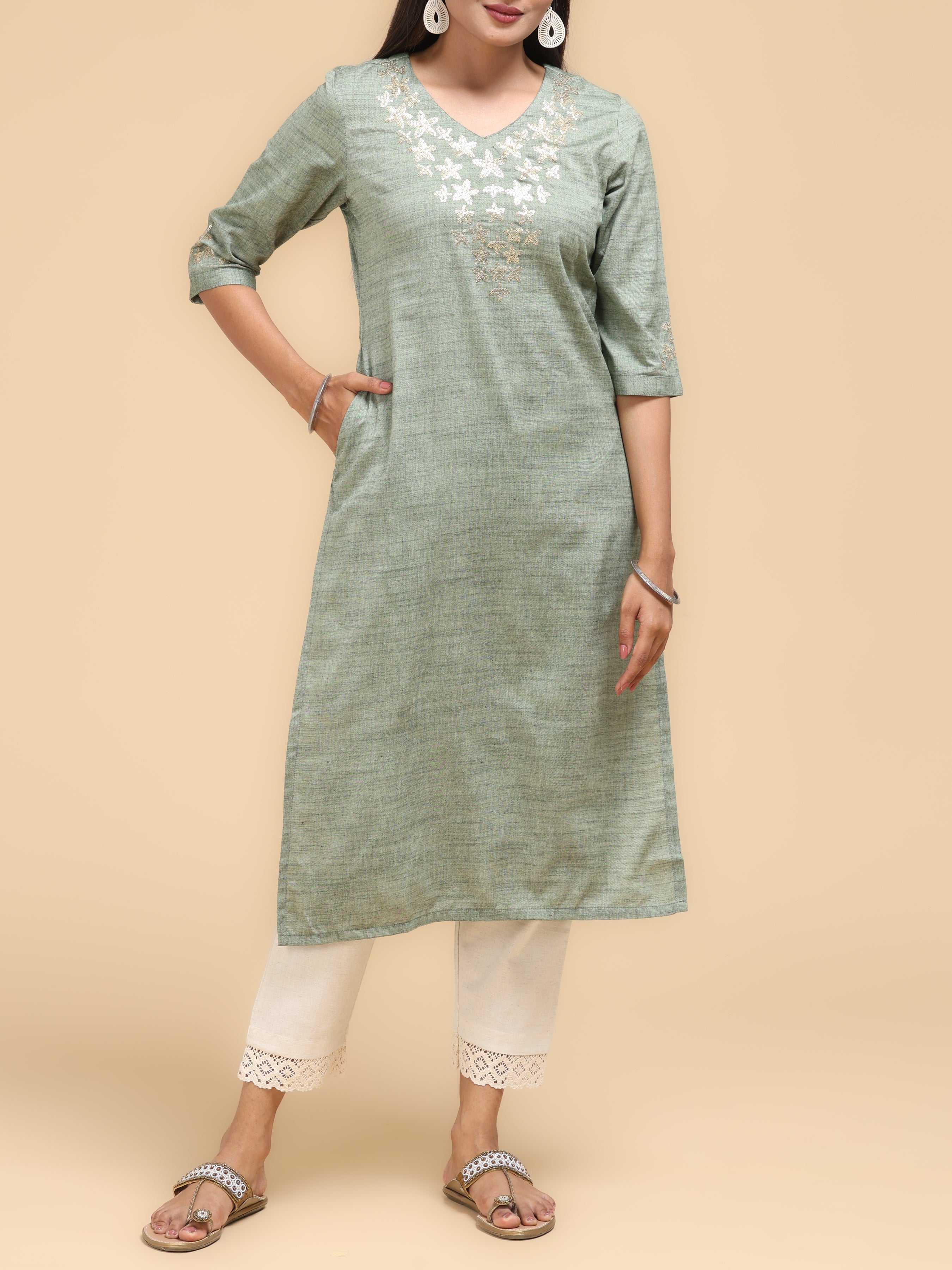 Pastel Green Wrinkled Viscose Kurti With Embroidery