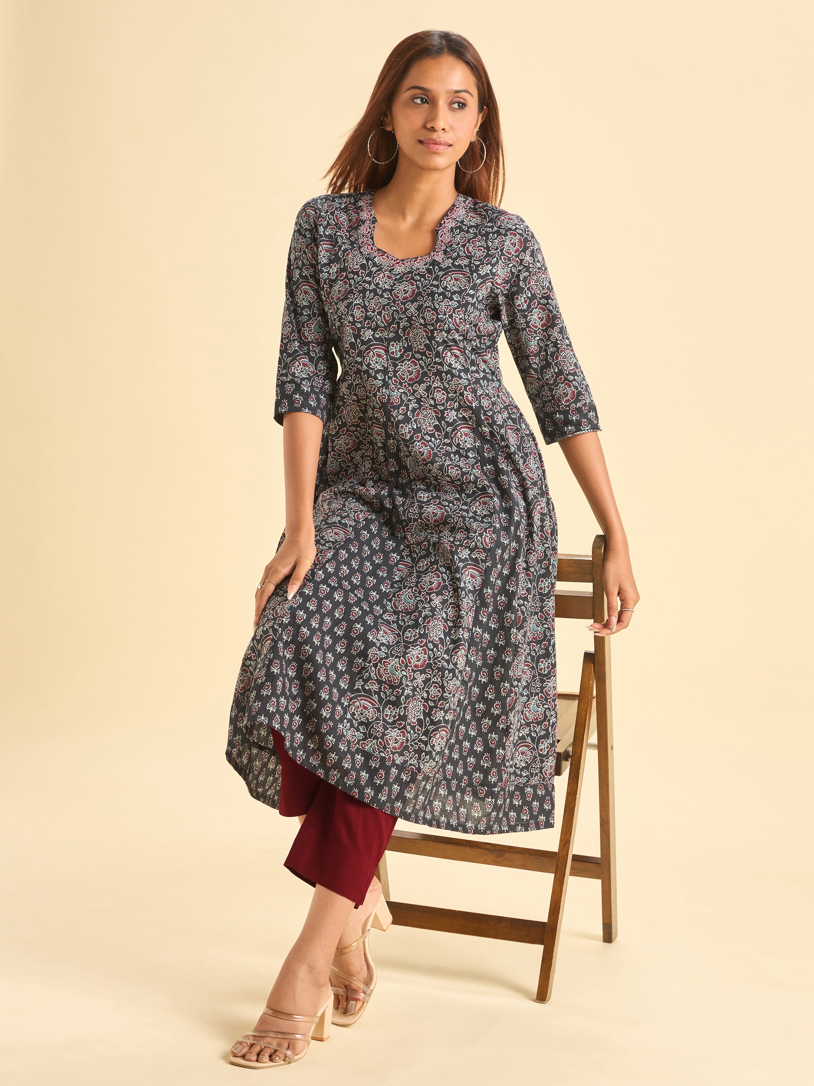 Black Pure Cotton Printed Flared Kalicut Kurti With Embroidery And Sequins