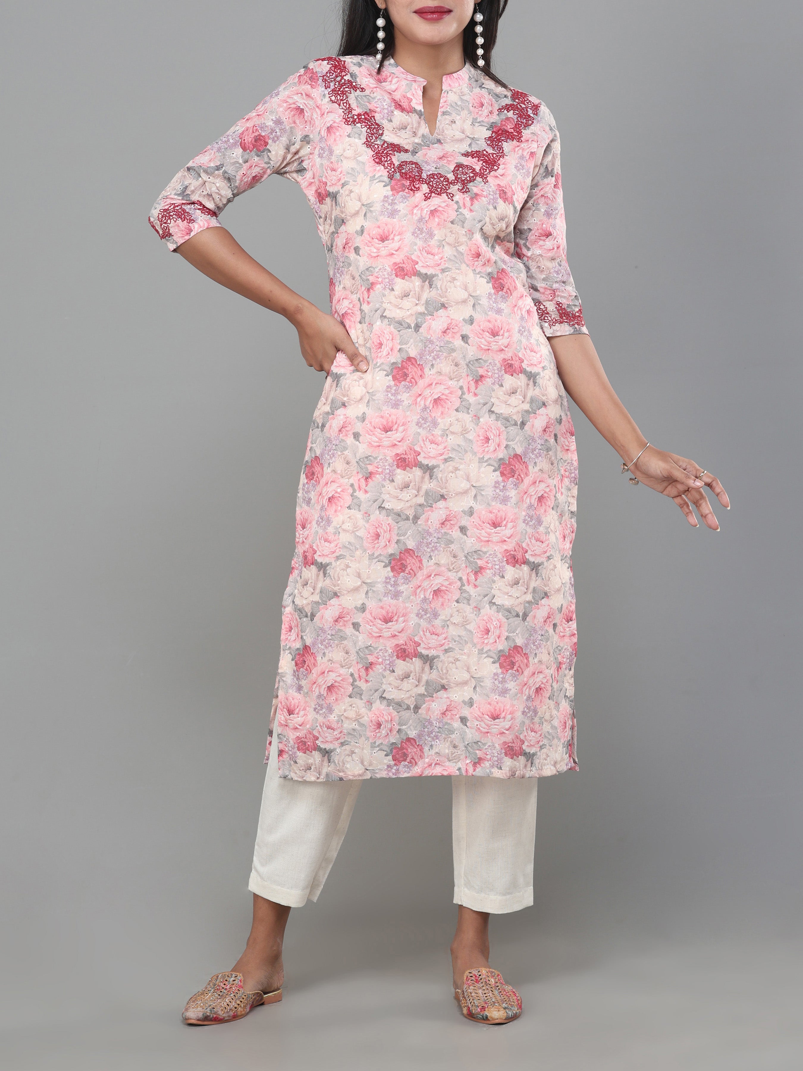 Multi Colour Cotton Schiffeli Printed Kurti With Embroidery And Matching Bottom