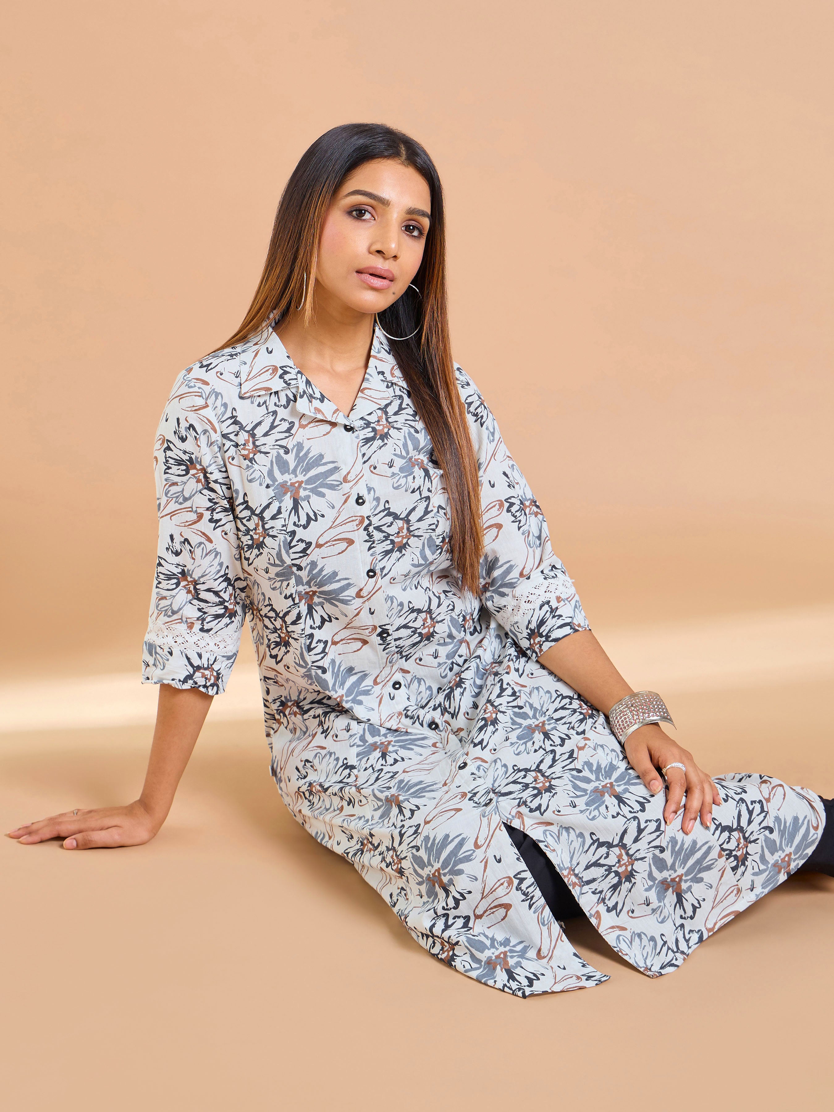 Black And White Cotton Flax Printed Kurti