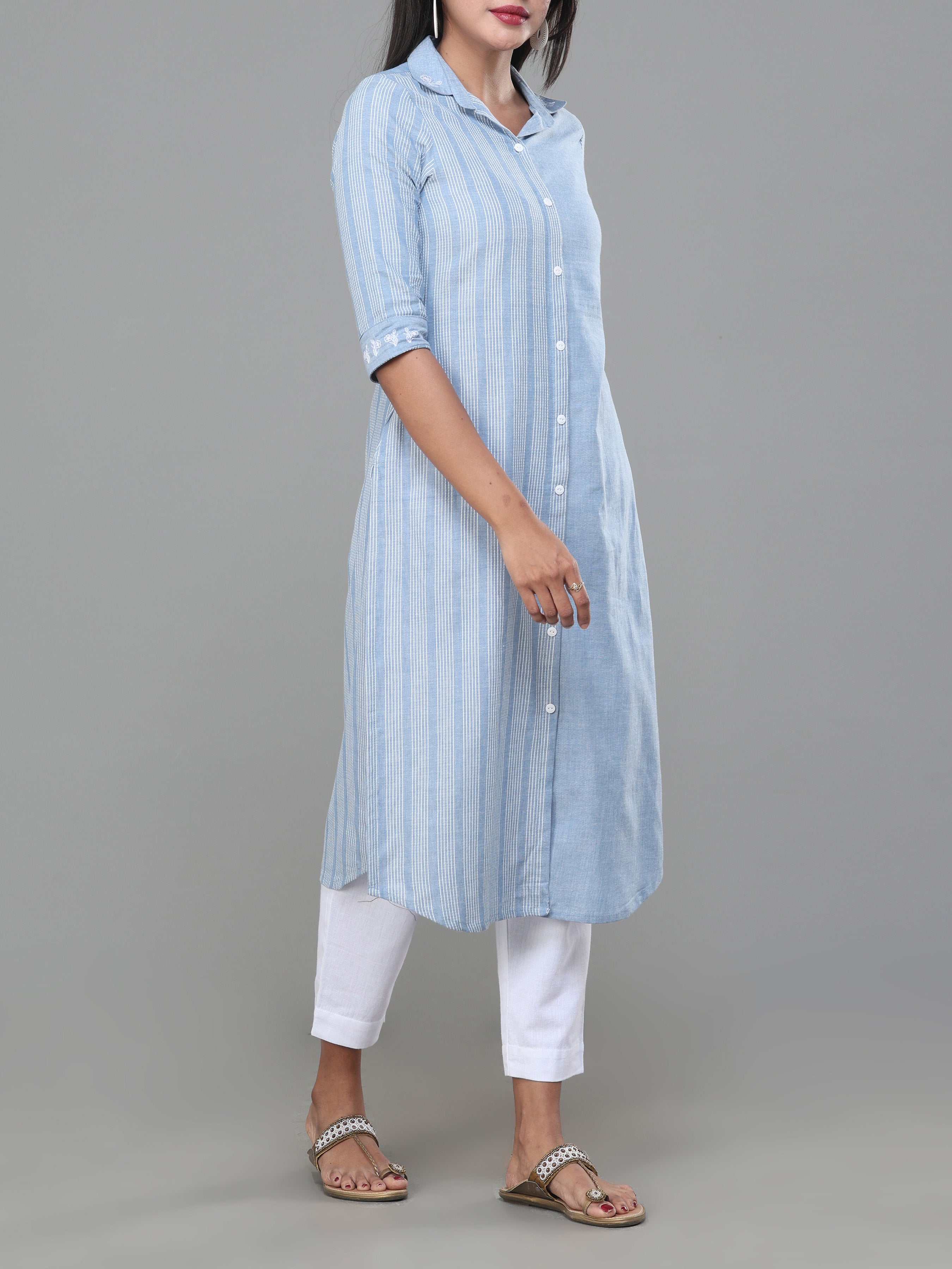 Denim Blue Cotton Dobby Kurti With Shirt Collar