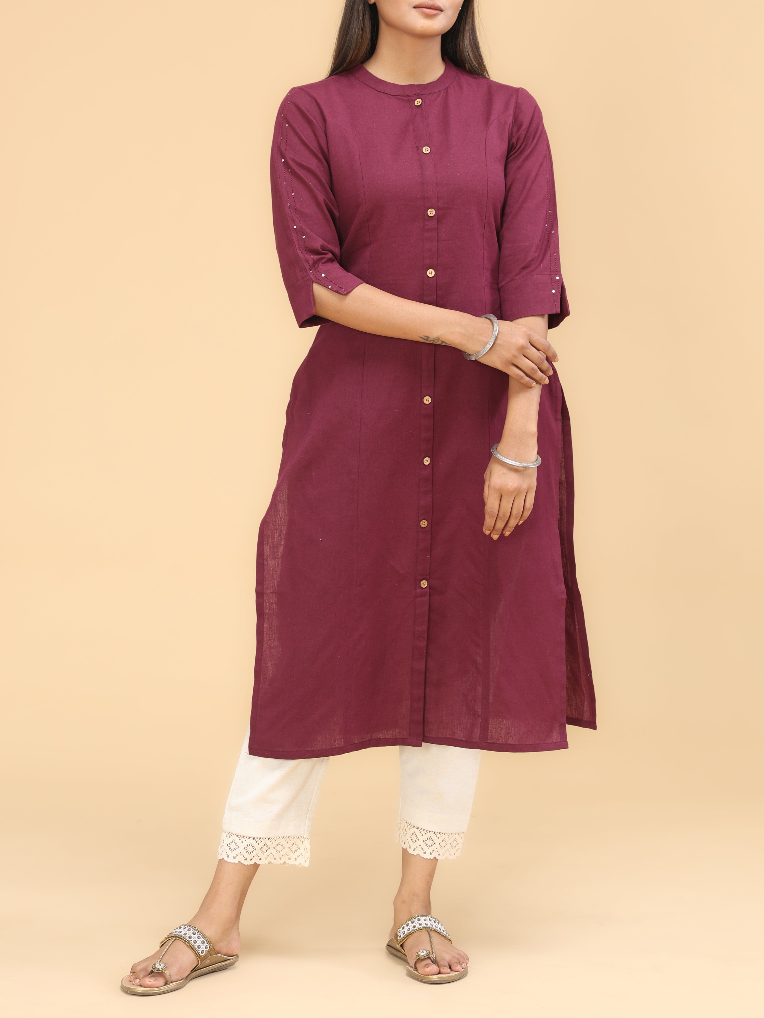 Claret Pink Cotton Kurti With Button Placket