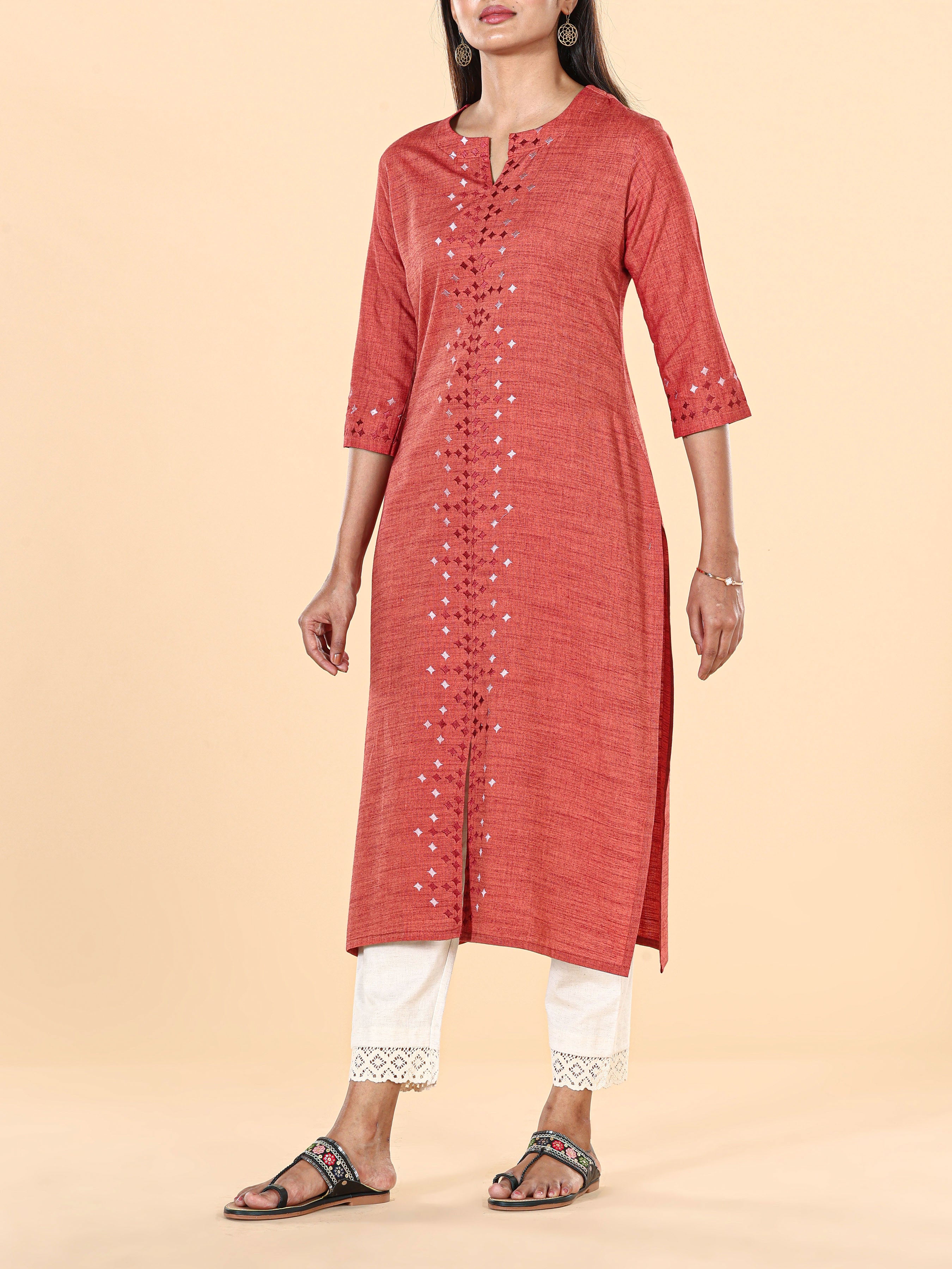 Brick Brown Viscose Kurti With Embroidery