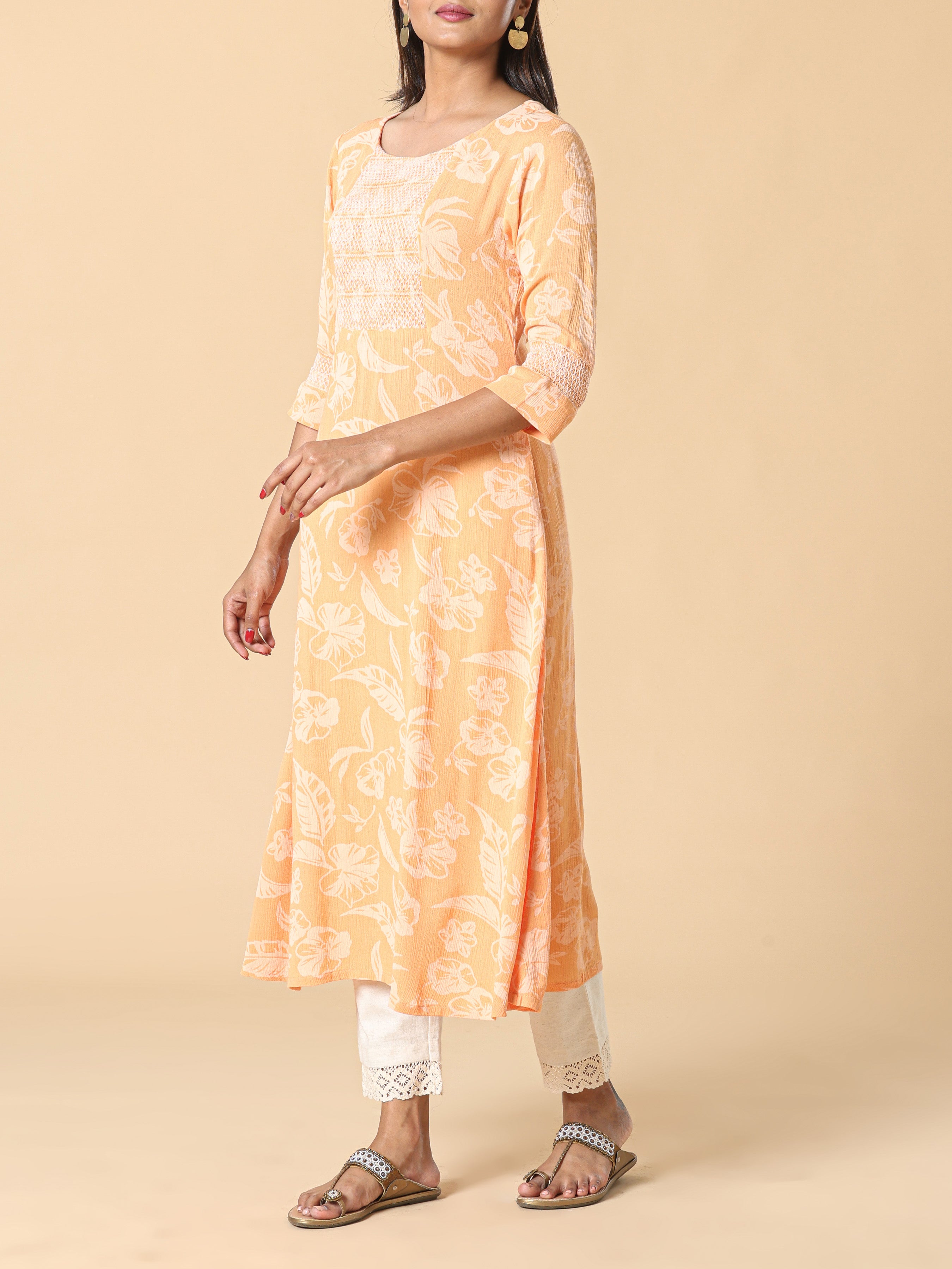 Yellow Wrinkled Rayon Kurti With Print