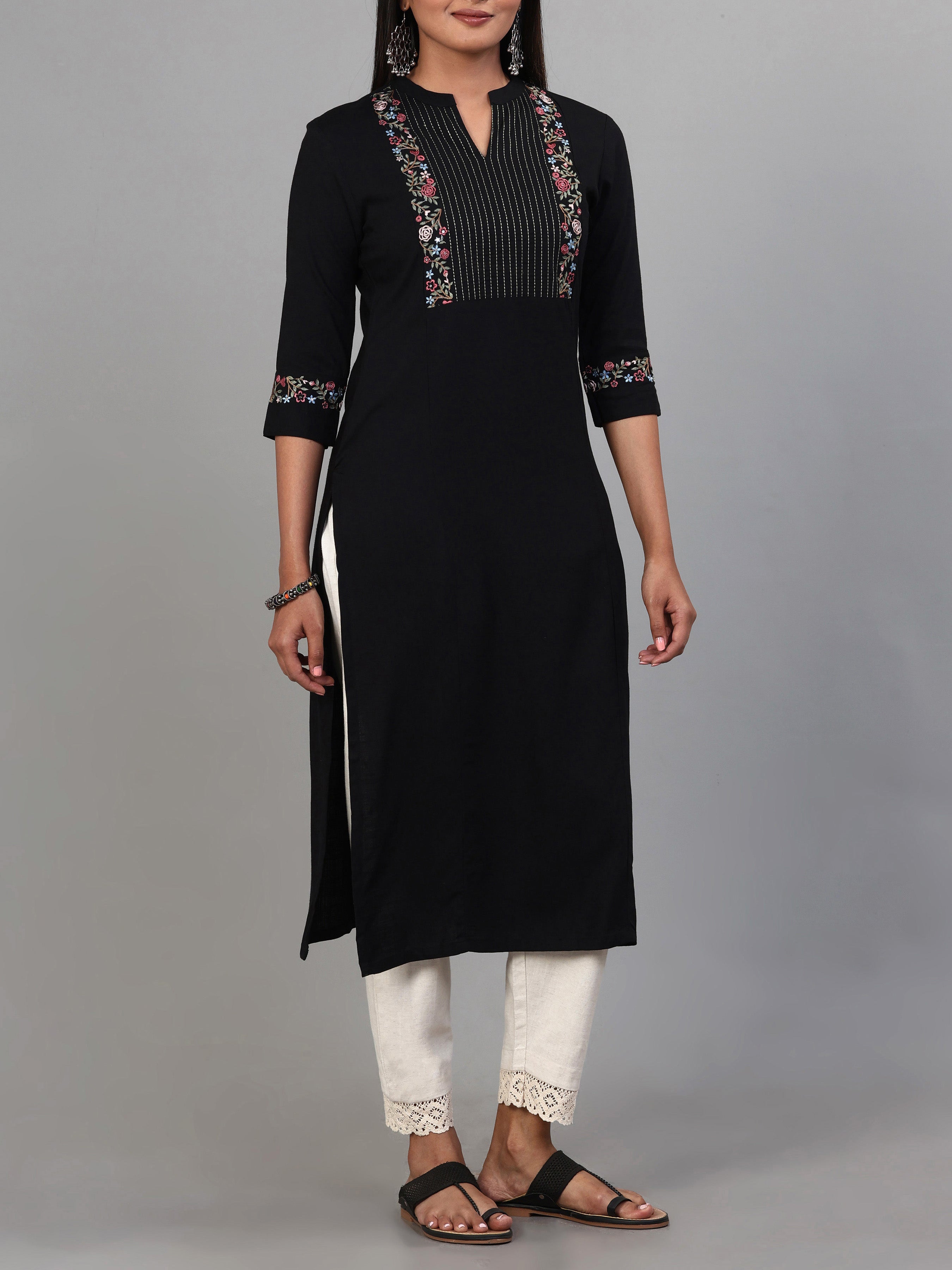 Black Viscose Slub Kurti With Sequins Work