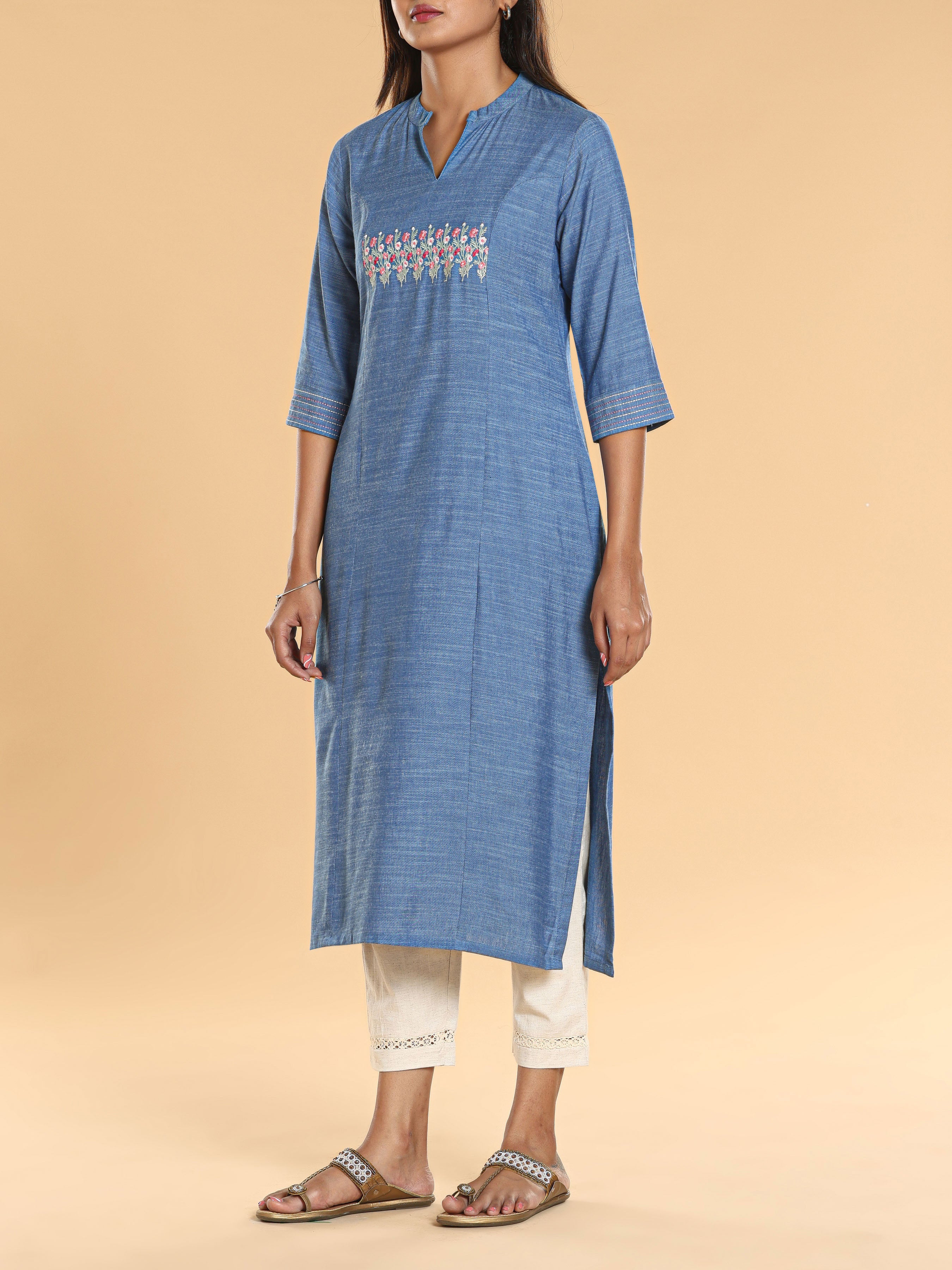 Women Wearing Denim Blue Viscose Cotton Kurti With Embroidery