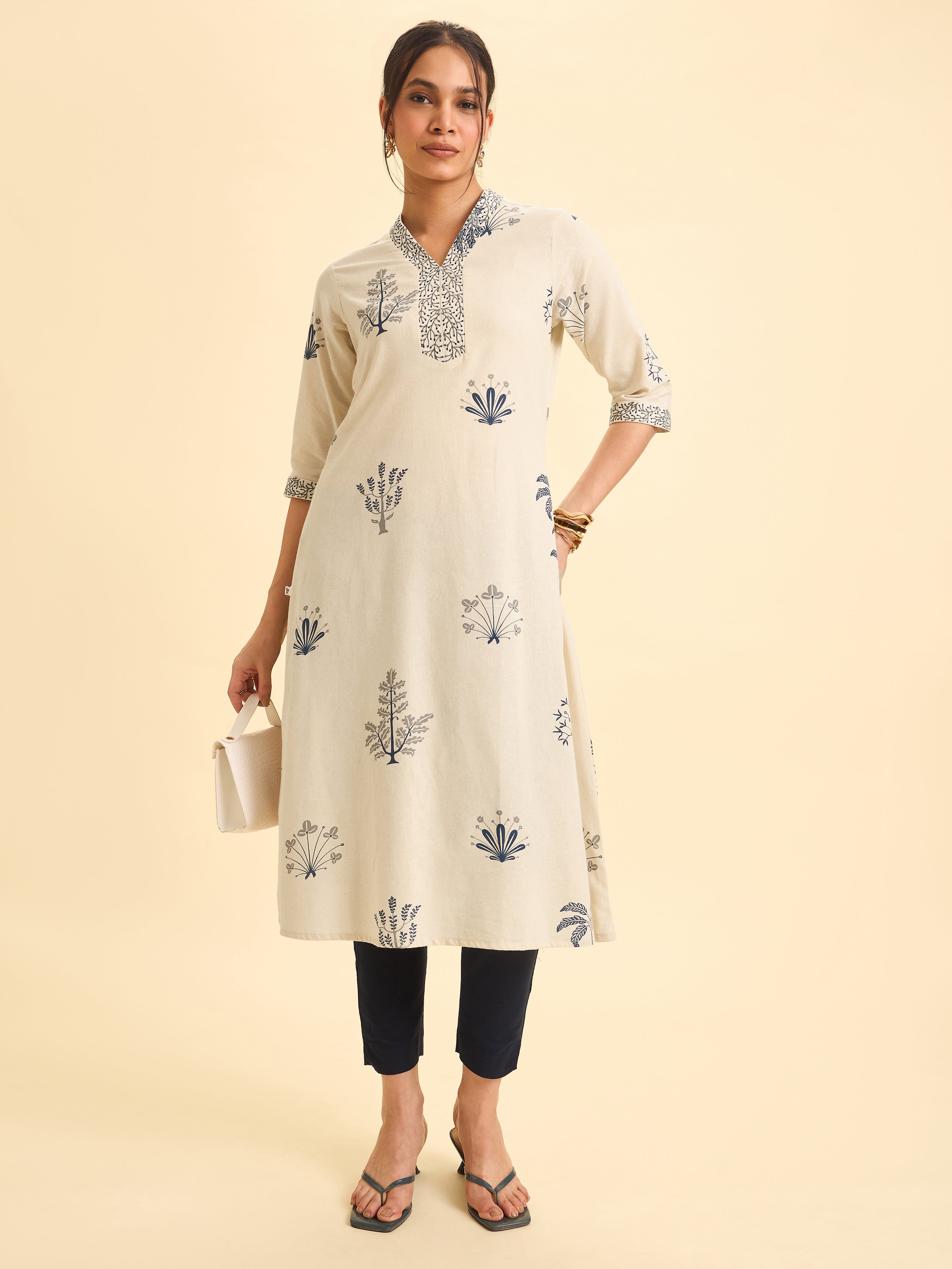 Ivory Cotton Flax Printed Flared Kurti With Embroidery