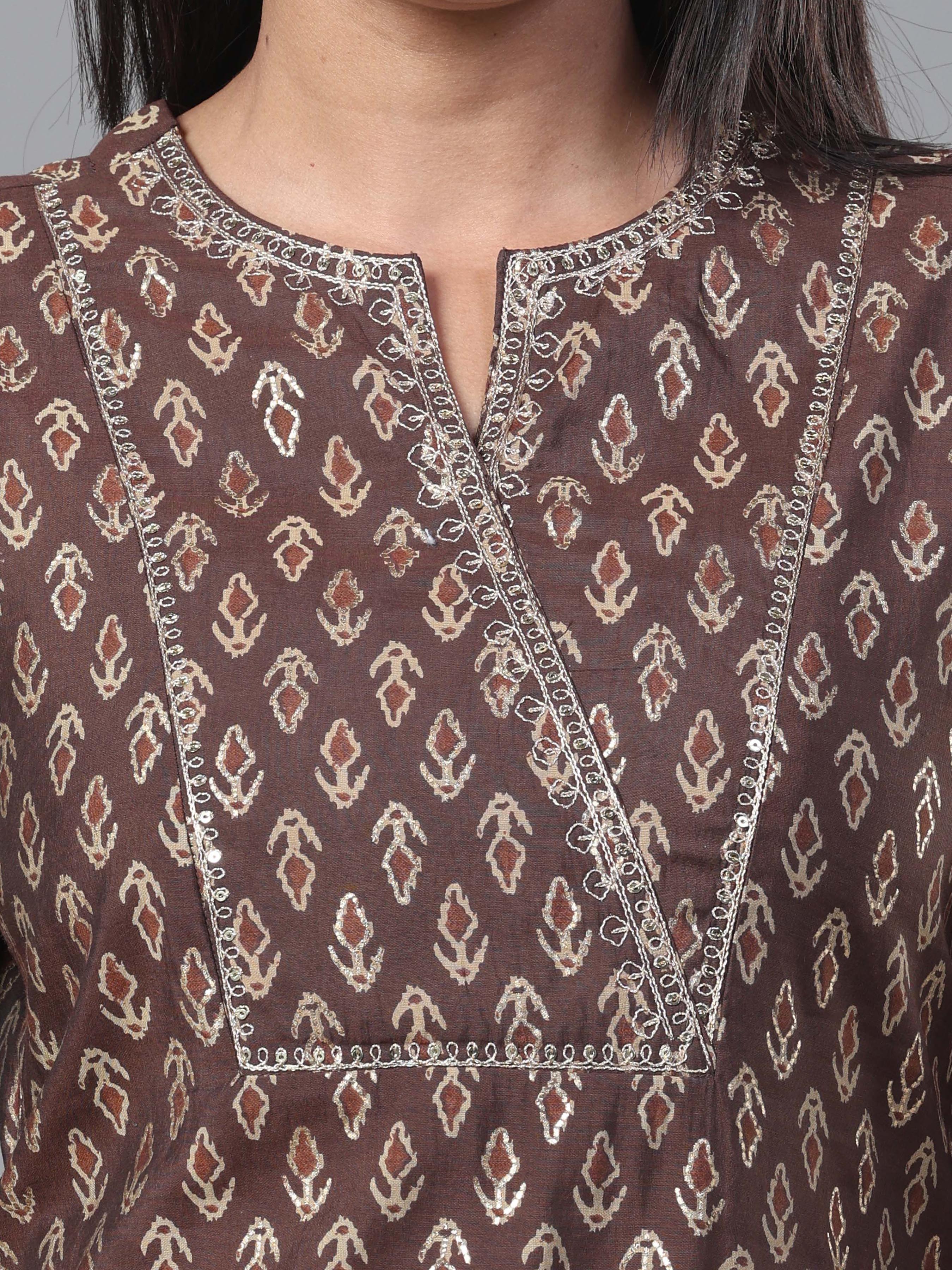 Coffee Brown Modal Chanderi Printed Kurti With Embroidery
