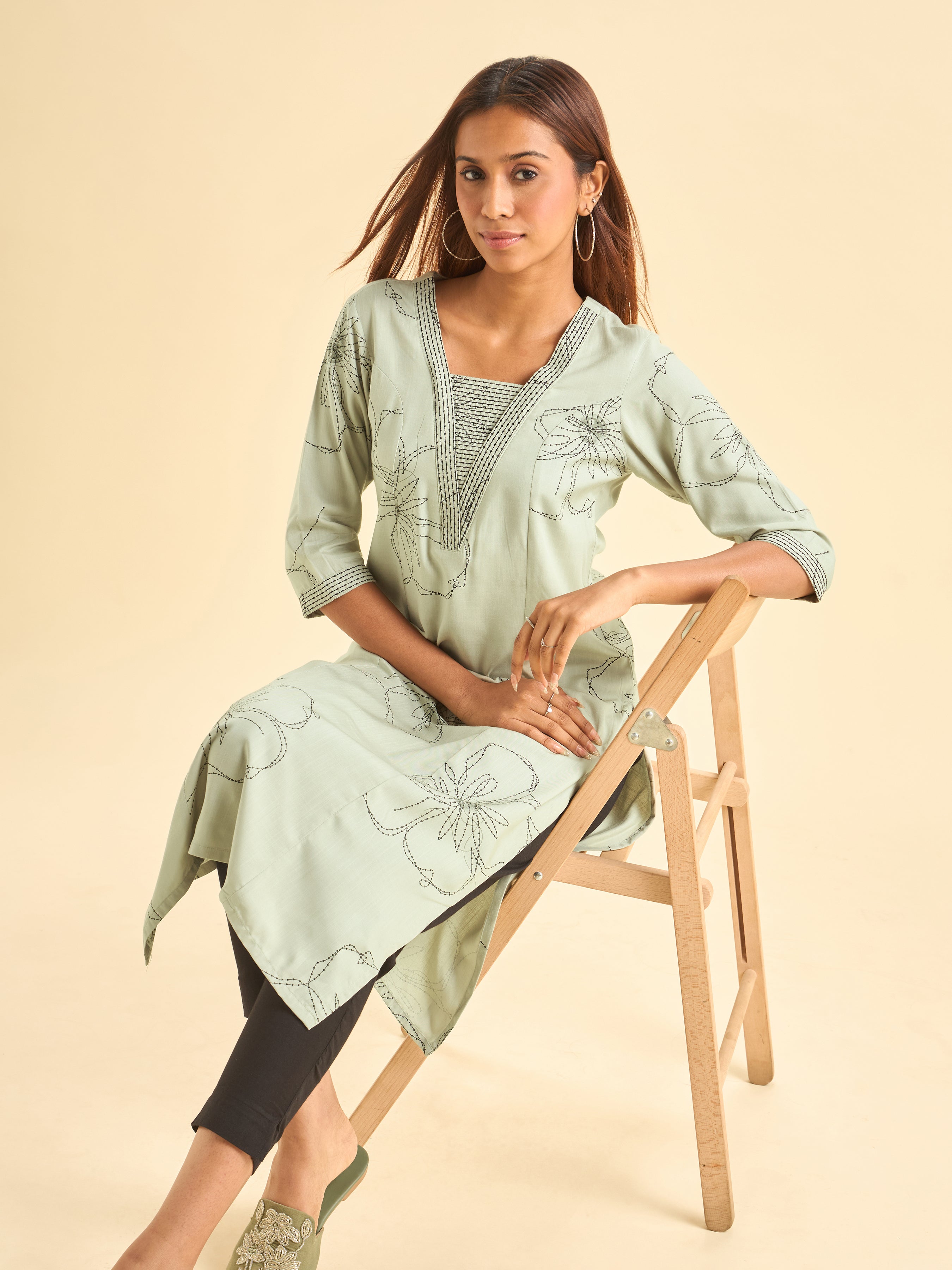 Pastel Green and Black Viscose Printed Flared Kurti With Embroidery