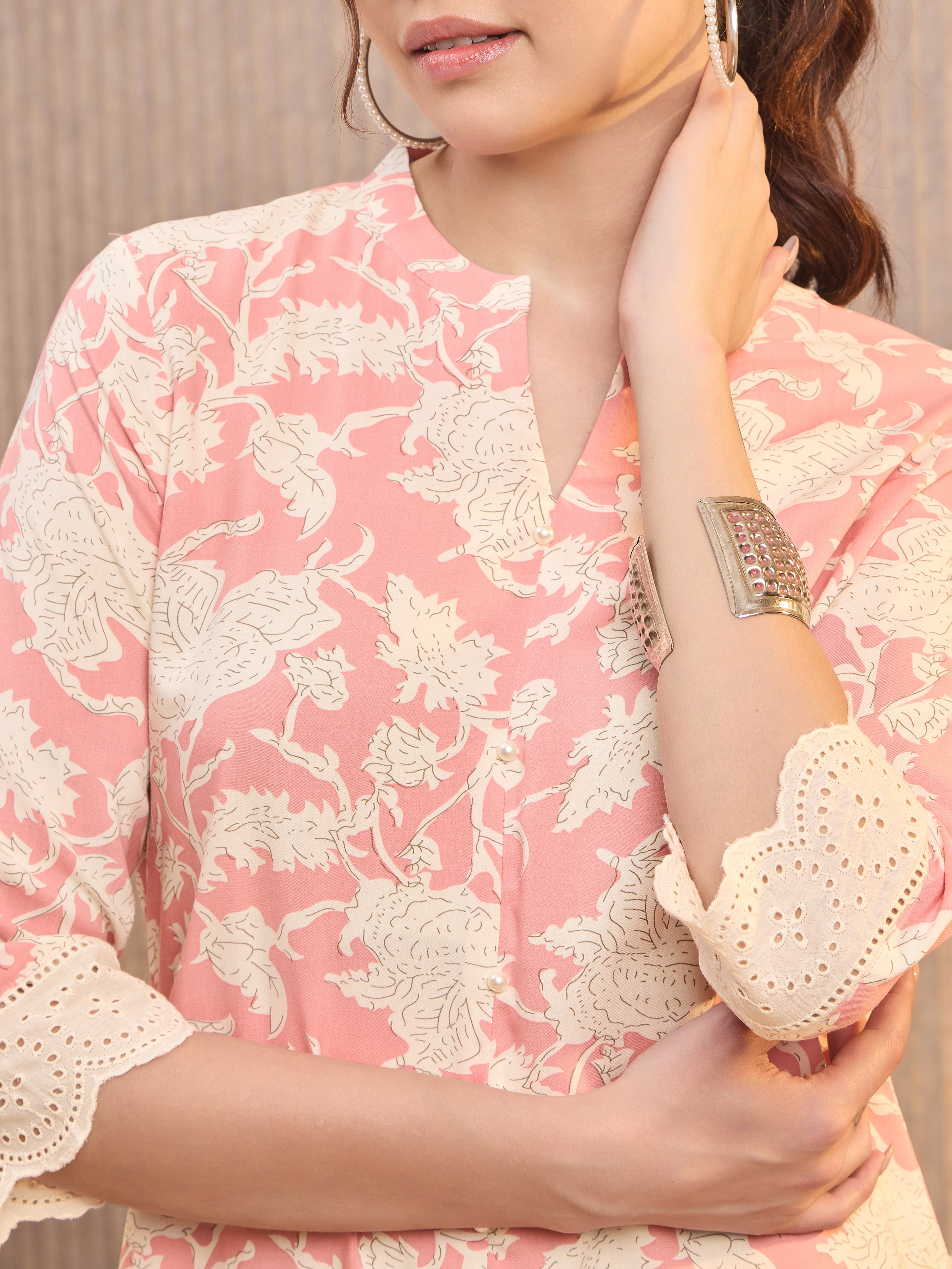 Blush Pink Viscose Printed Kurti With Lace Detailing