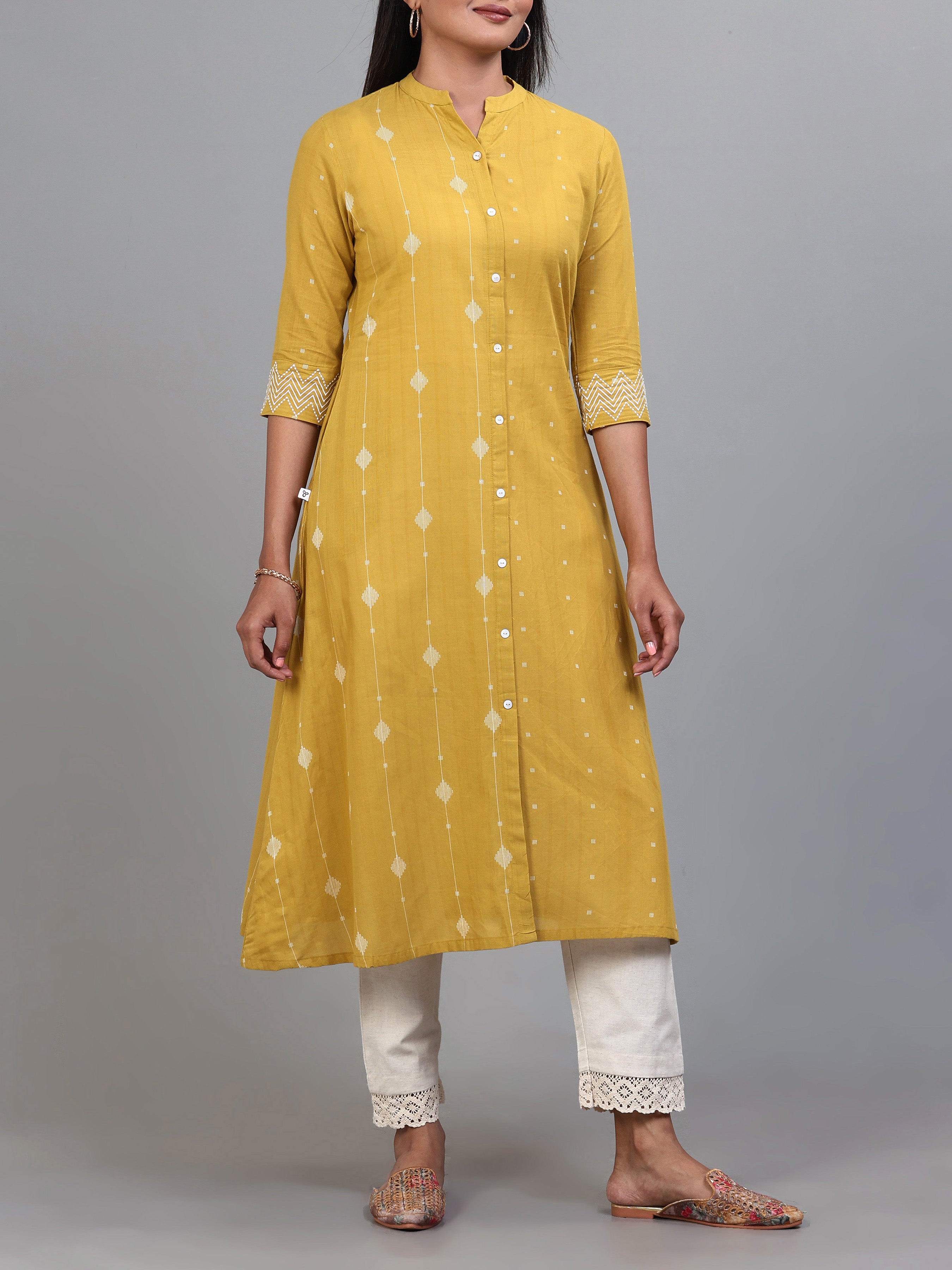 Pale Yellow Cotton Dobby Kurti With Embroidery