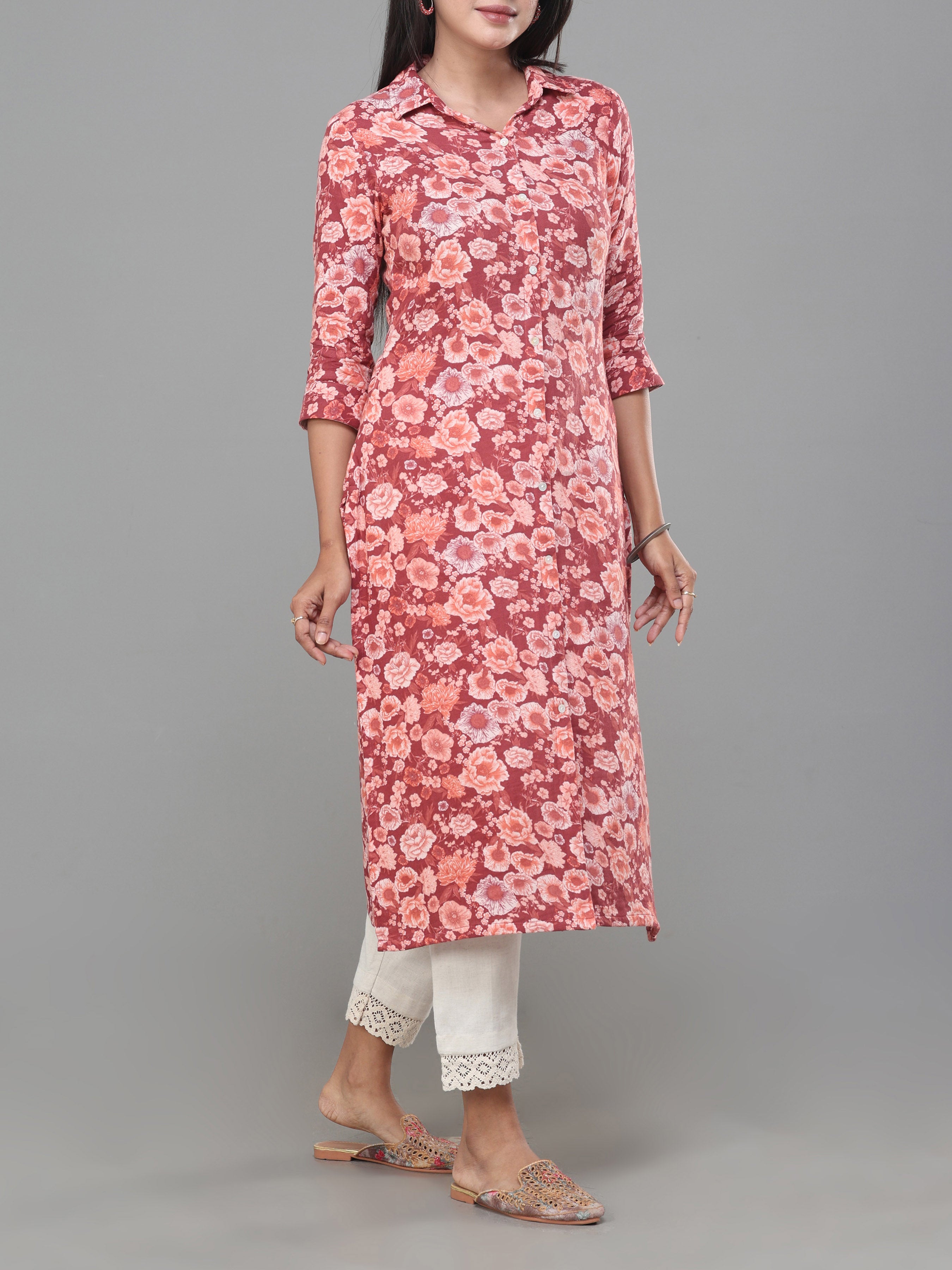 Brick Red Double Cotton Printed Kurti With Center Cut