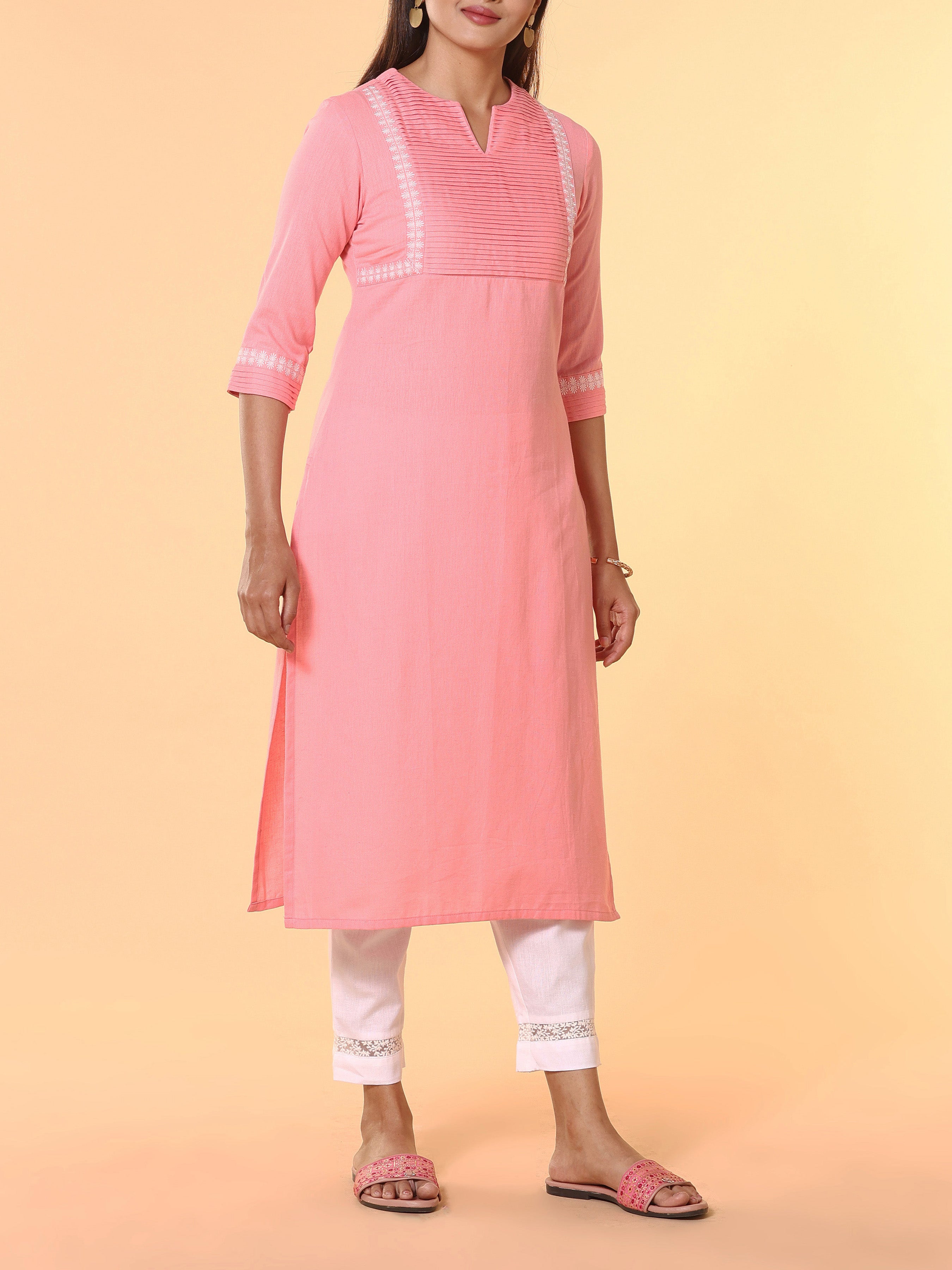 Pink Cotton Flax Kurti With Embroidery
