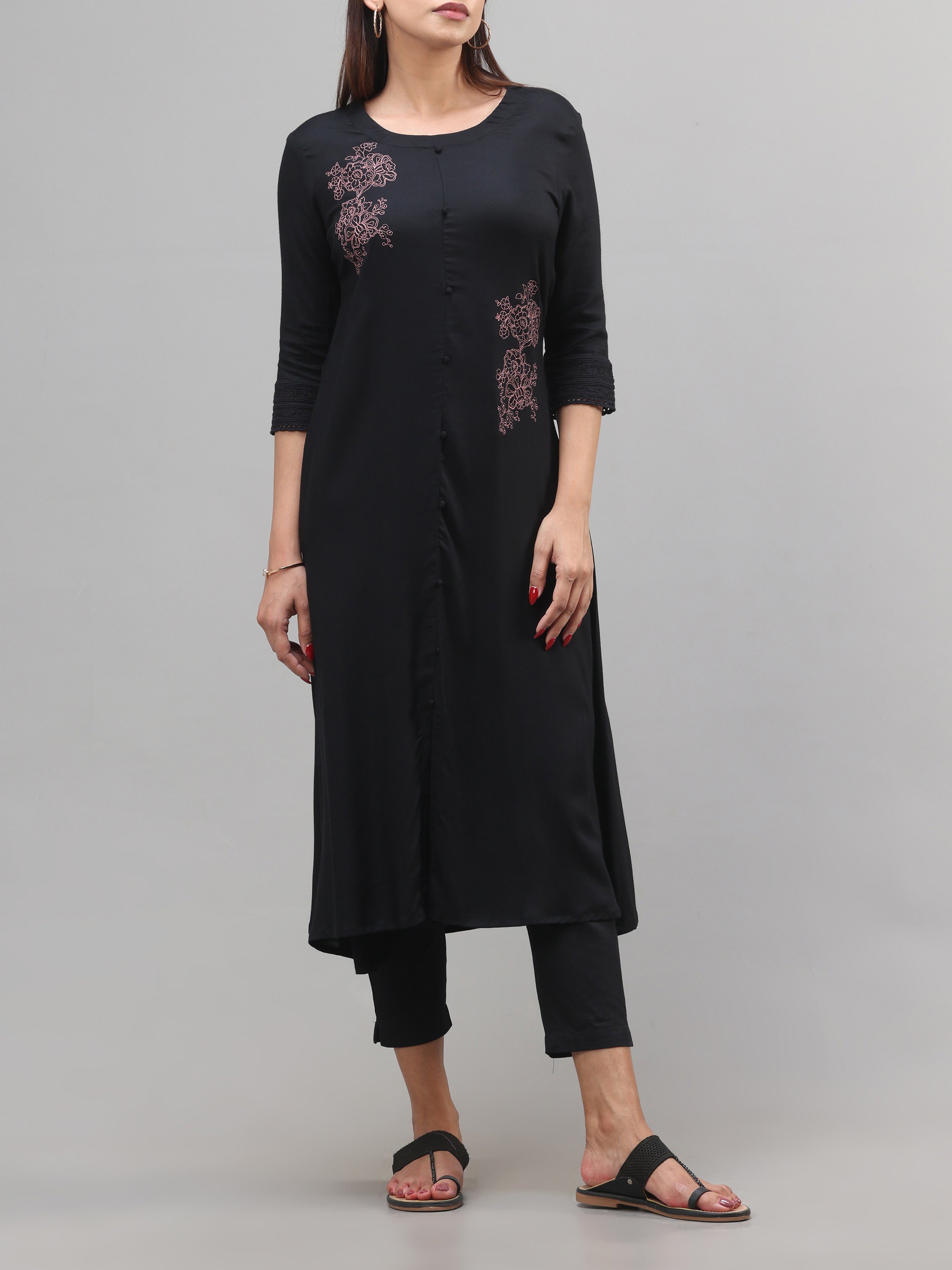 Black Viscose Plain Kurti With Embroidery