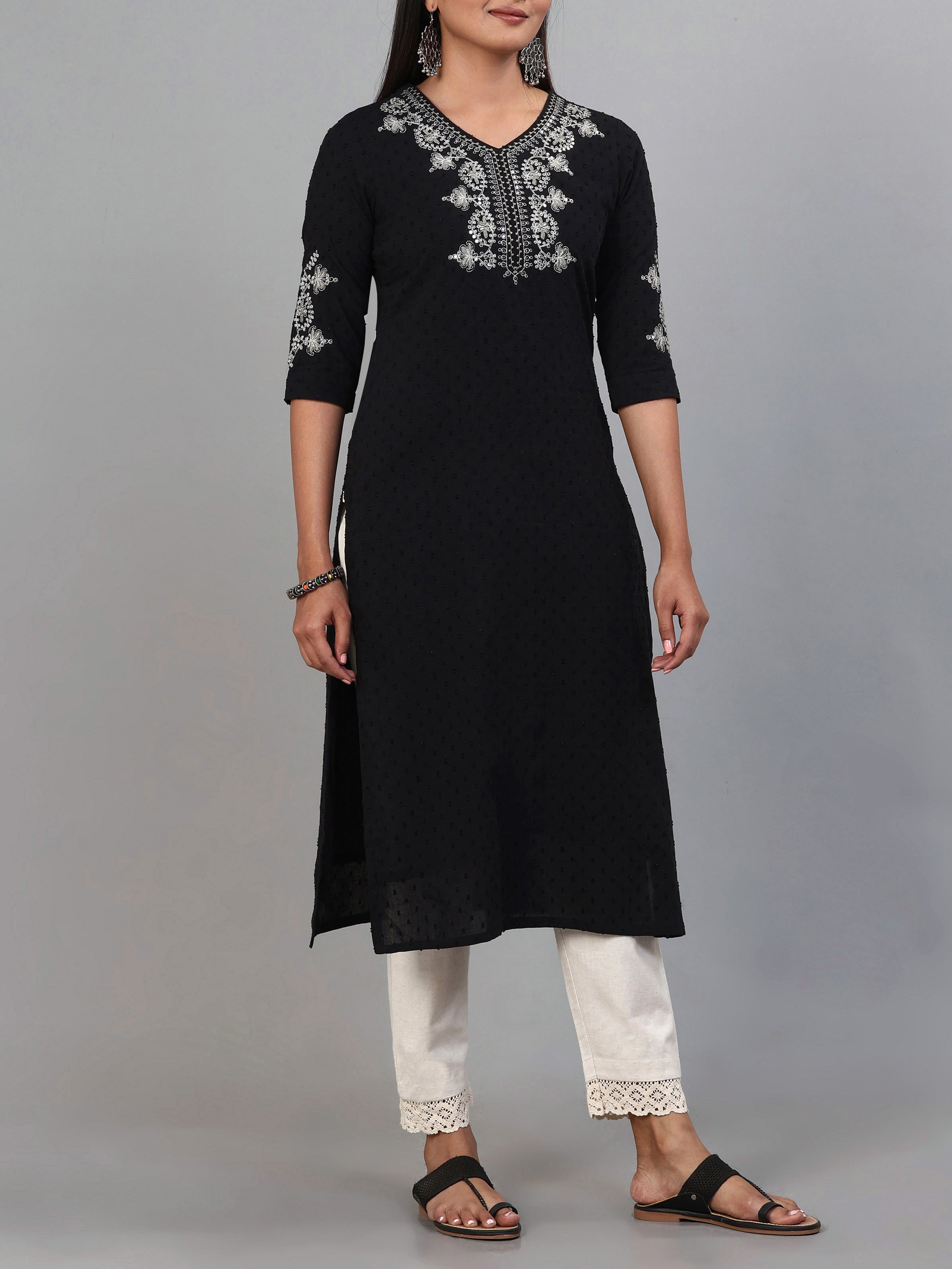 Black Cotton Dobby Kurti With Embroidery