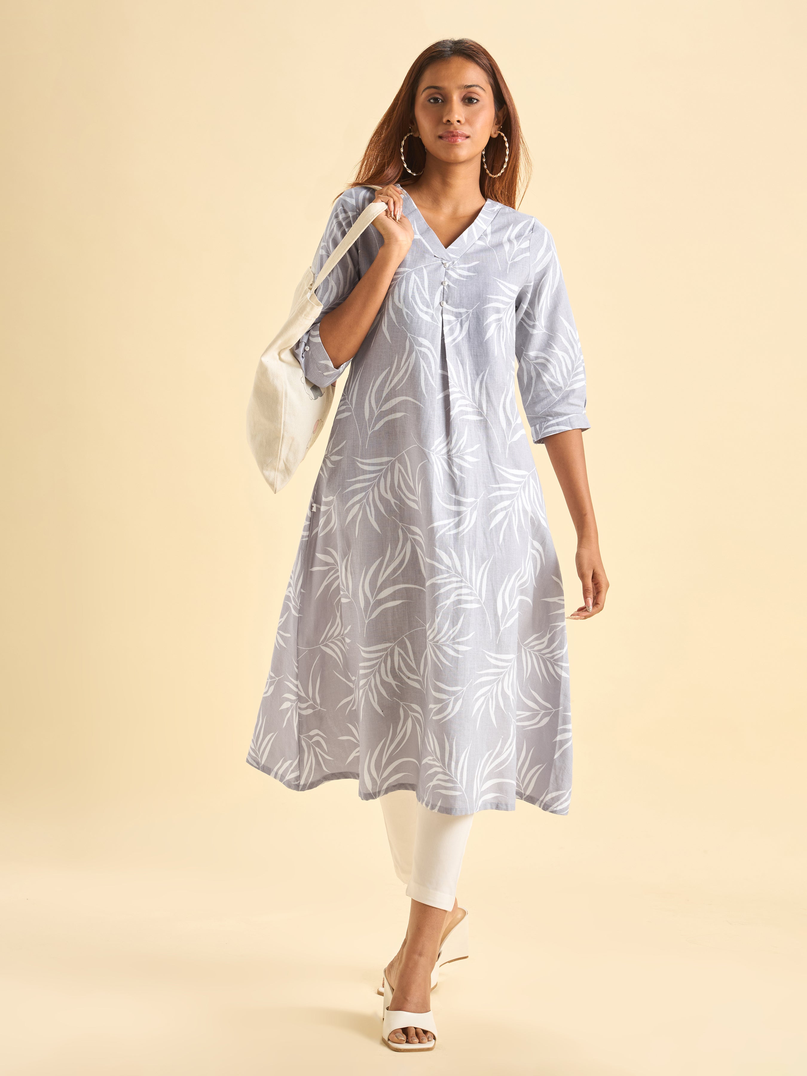 Lilac White Cotton Linen Printed Flared Kurti With Box Pleat