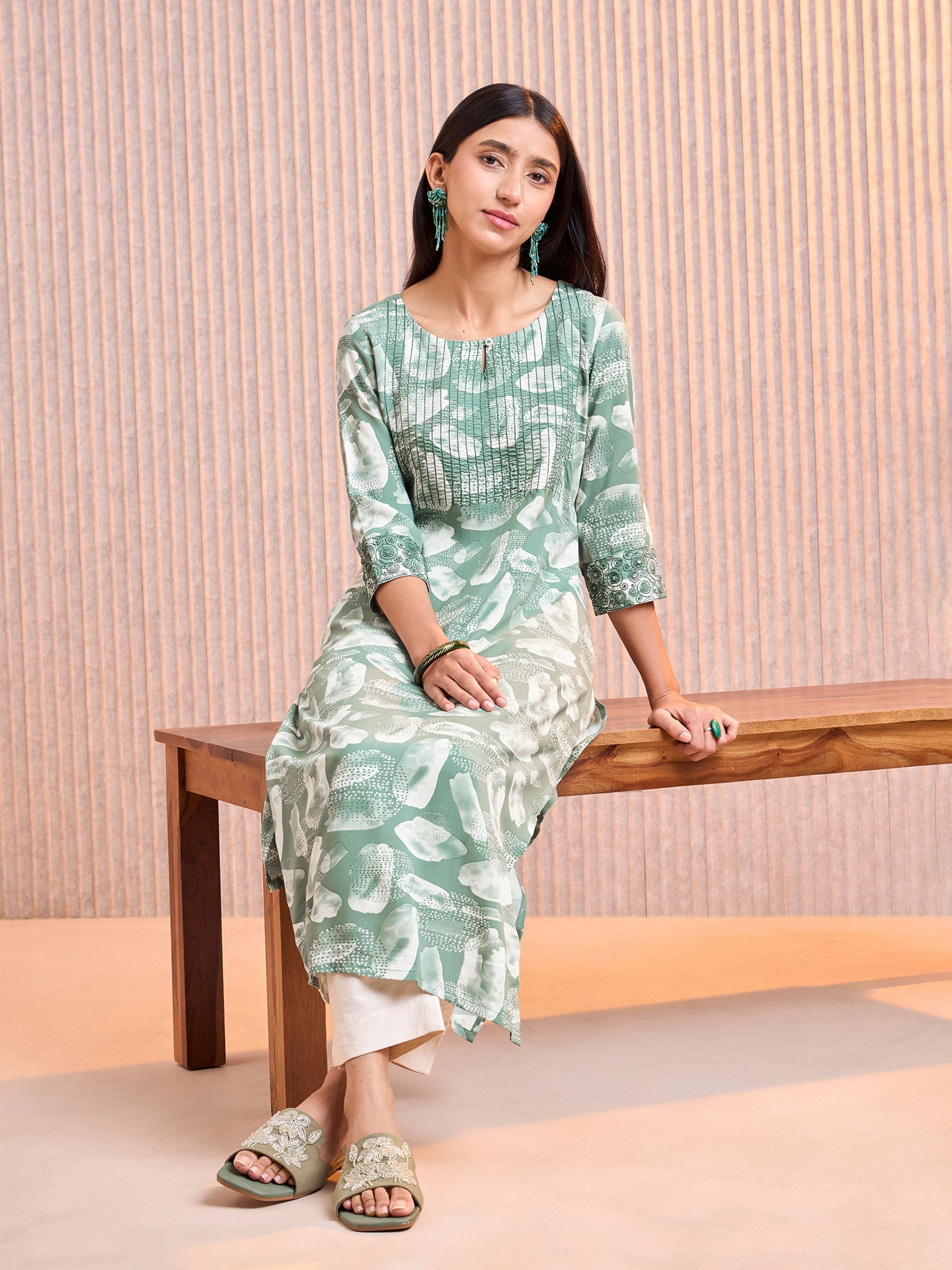 Olive Green Viscose Printed Kurti With Running Stitch Embroidery