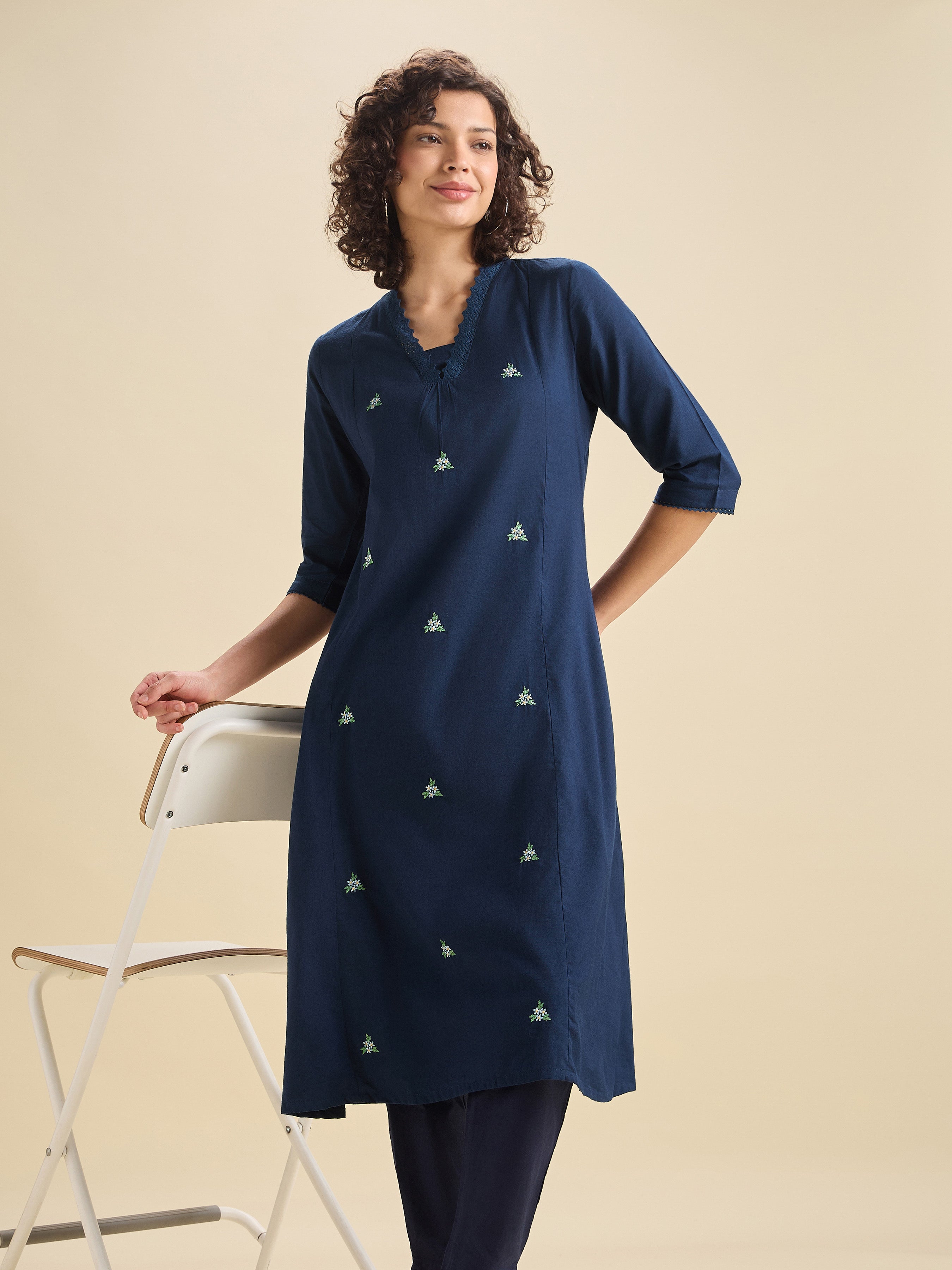Navy Blue Cotton Viscose Flared Kurti With Lace And Embroidery