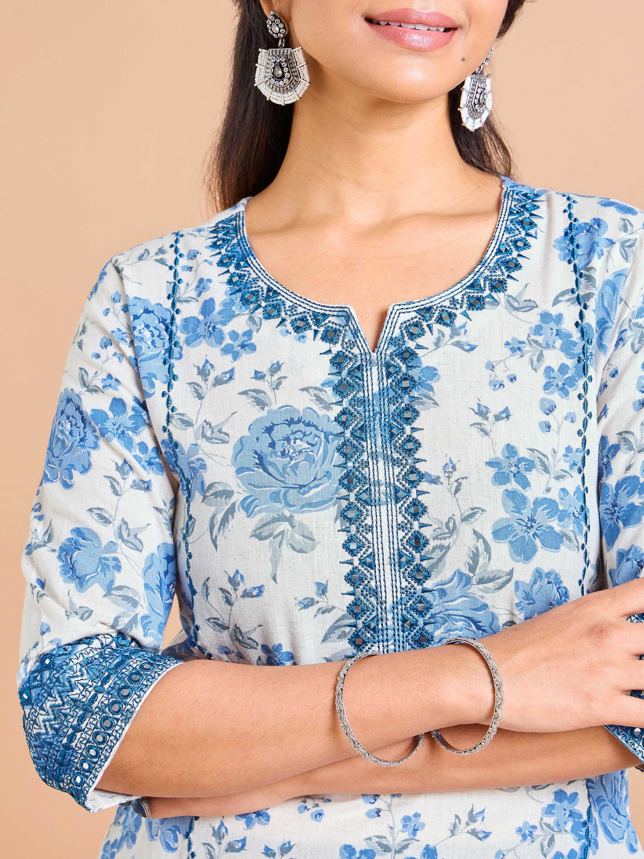 Ivory and Blue Cotton Flax Printed Kurti With Embroidery