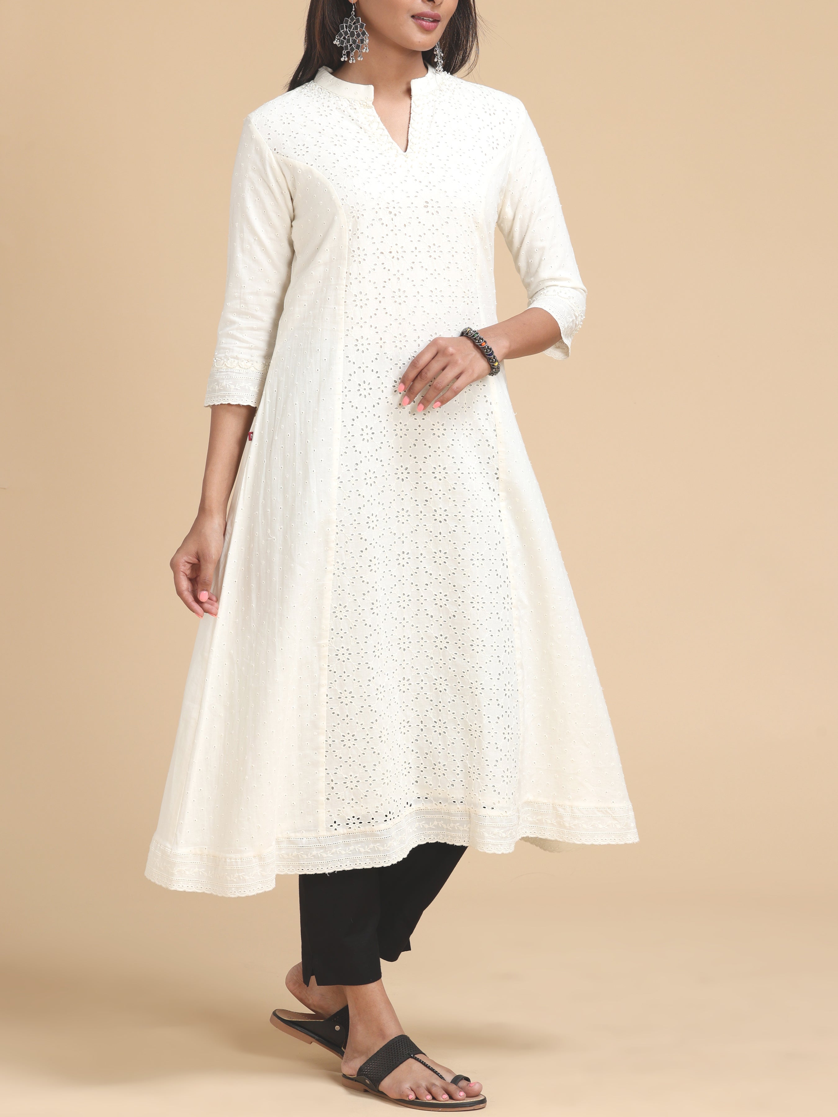 Ivory Schiffli Kurti With Handwork