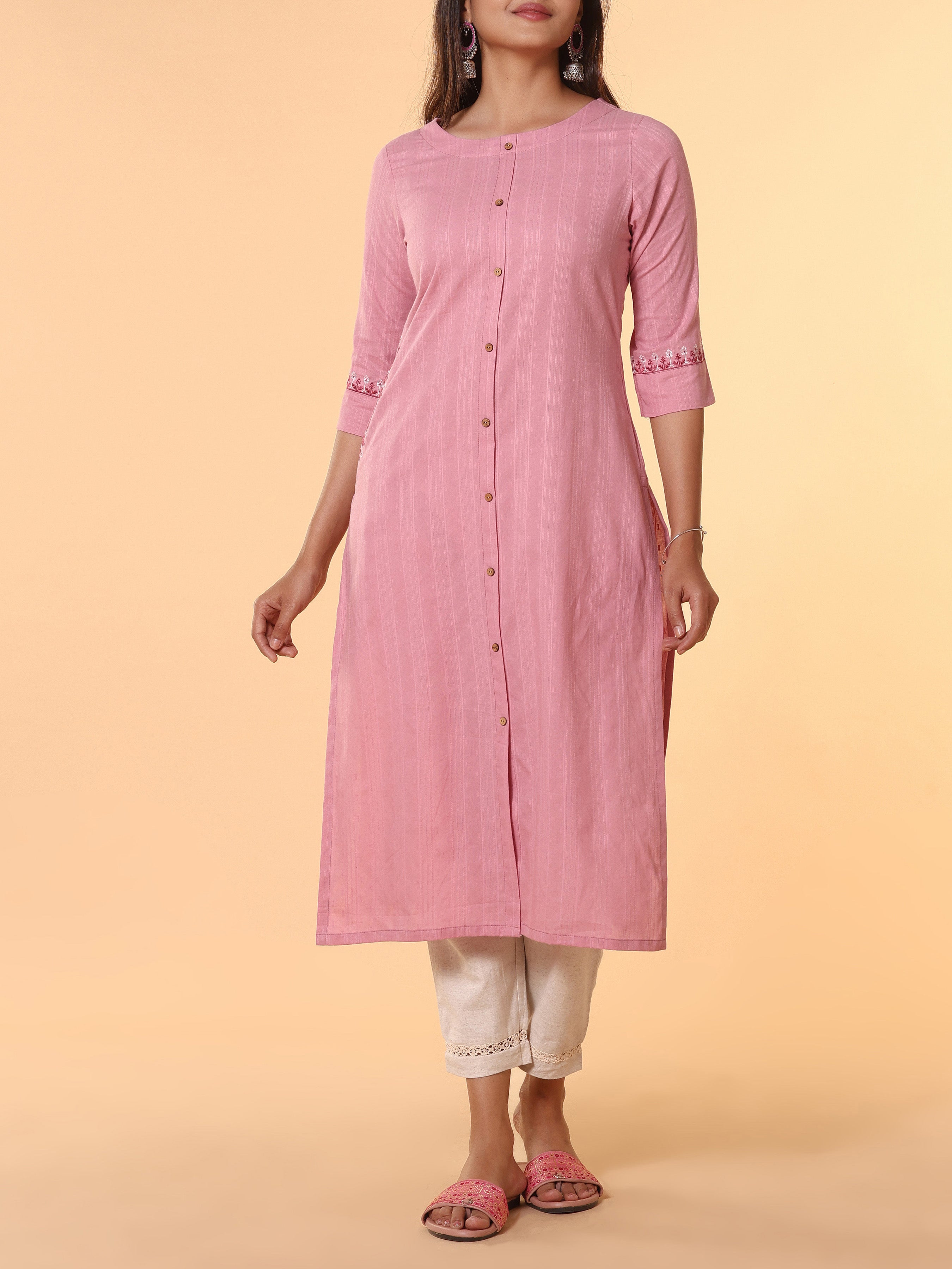 Pink Cotton Dobby Kurti With Embroidery