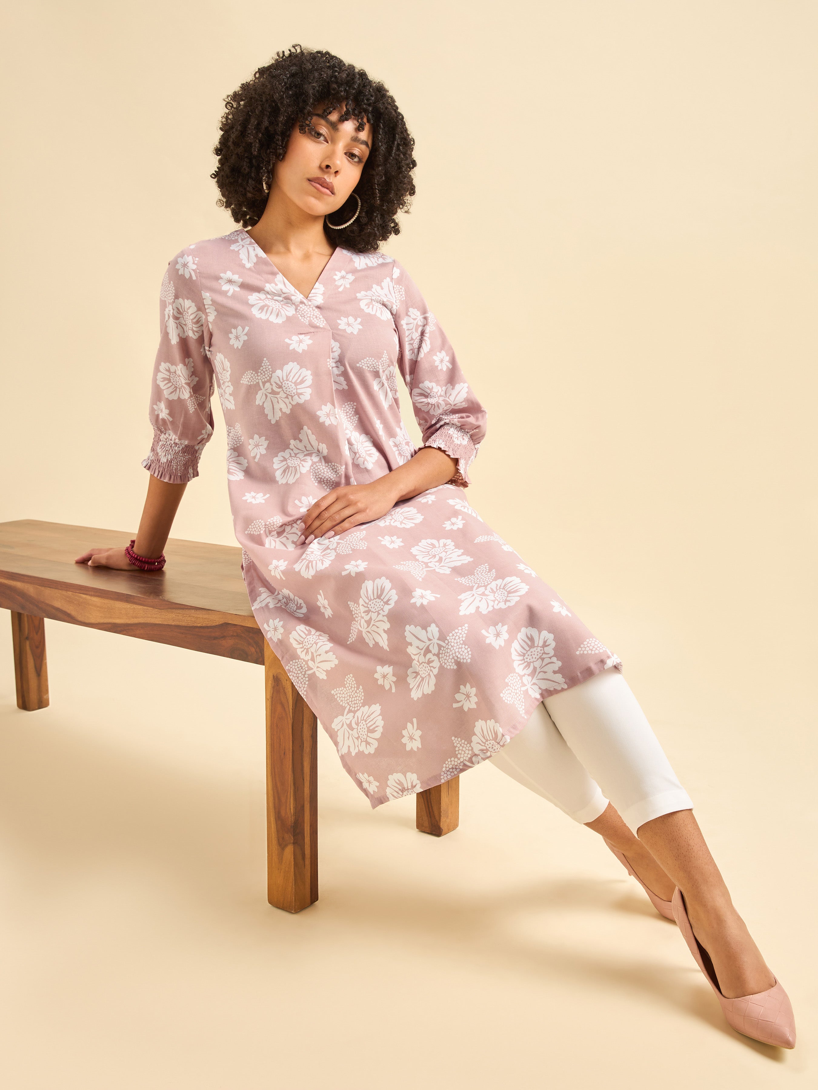 Pink and White Cotton Flax Printed Slit Kurti With Smocking Cuff